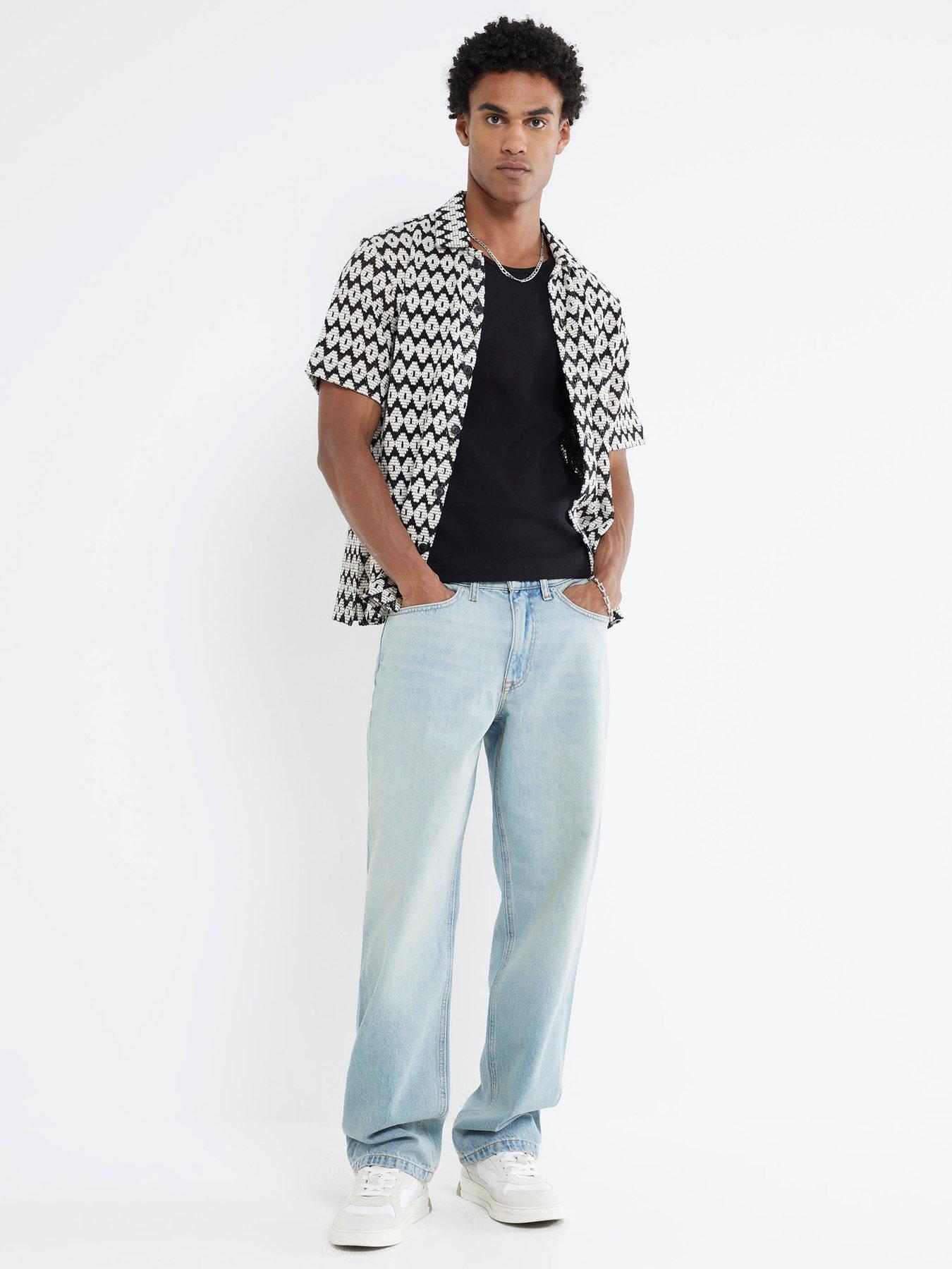Image 3 of 4 of River Island Short Sleeve Mono Diamond Crochet Shirt - Black