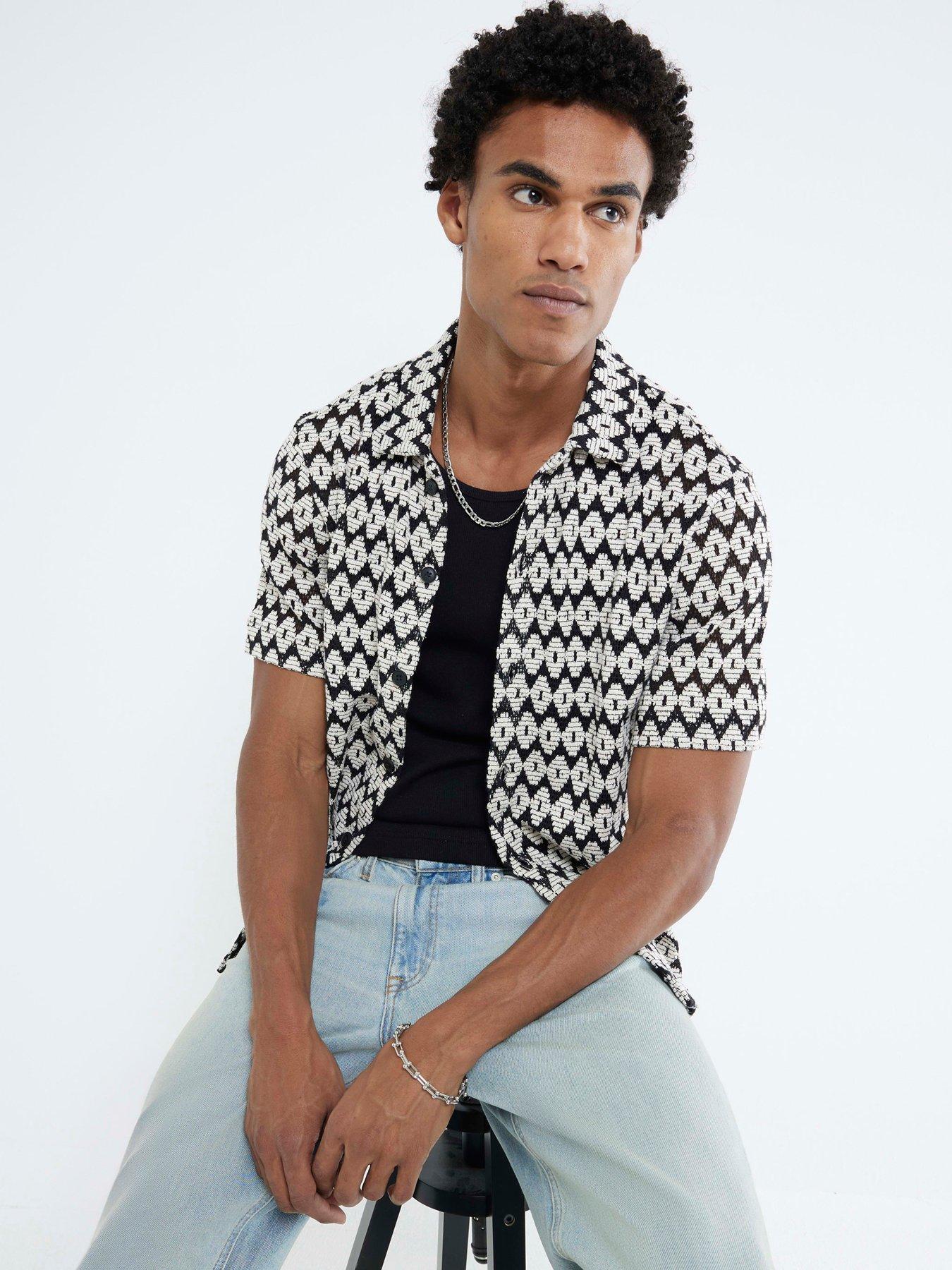 Image 4 of 4 of River Island Short Sleeve Mono Diamond Crochet Shirt - Black