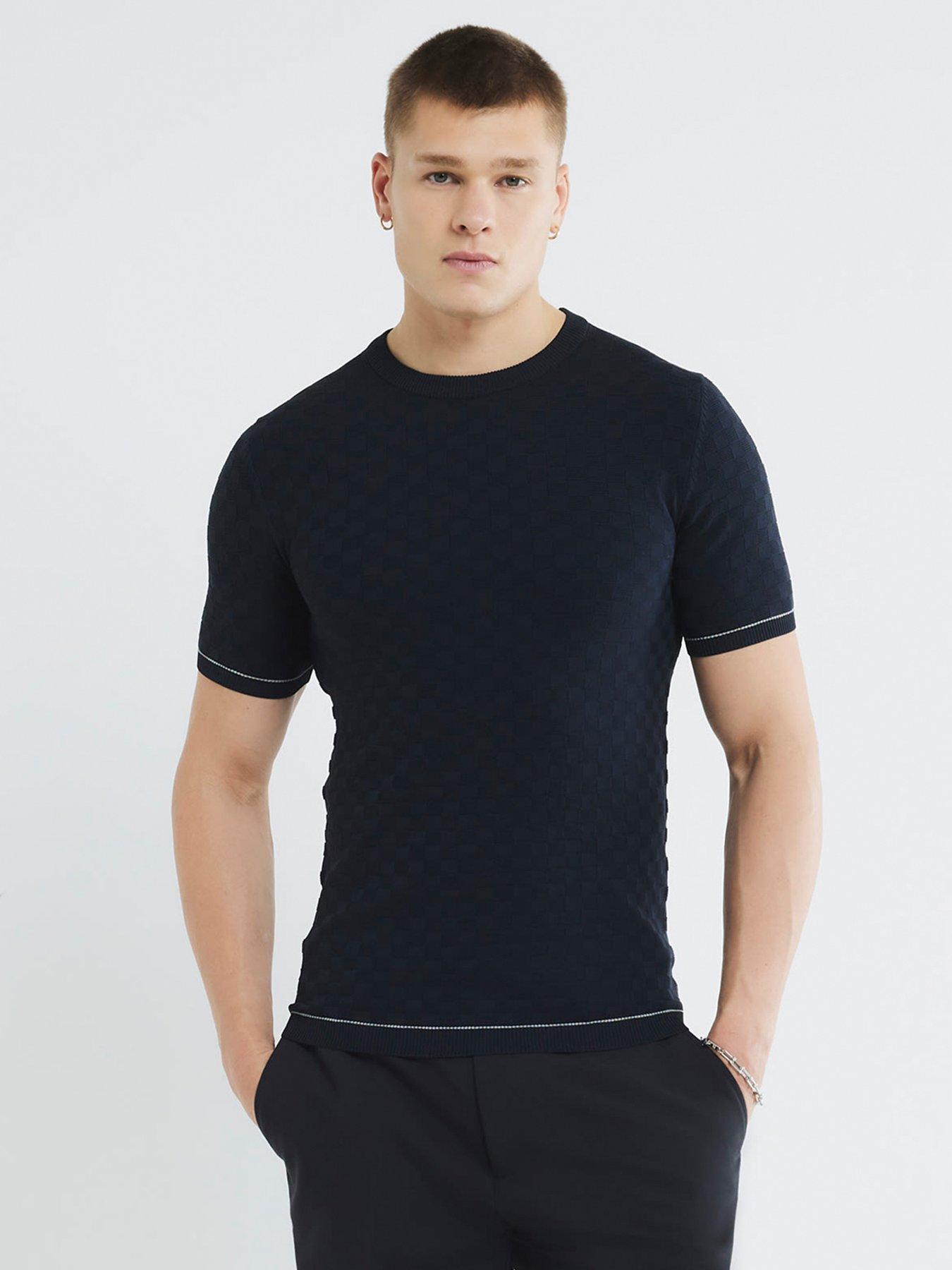 undefined Short Sleeve Checkerboard Muscle Fit Knitted T-Shirt - Navy