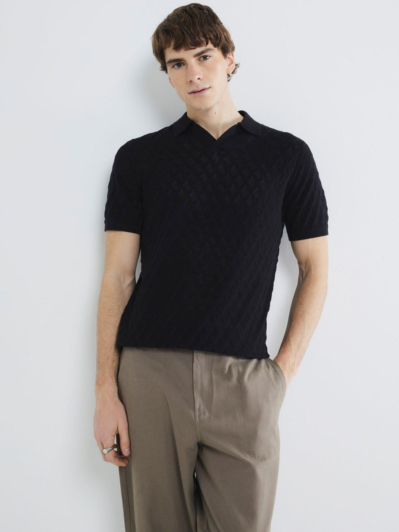 undefined Short Sleeve Textured Knit Open Collar Shirt - Black