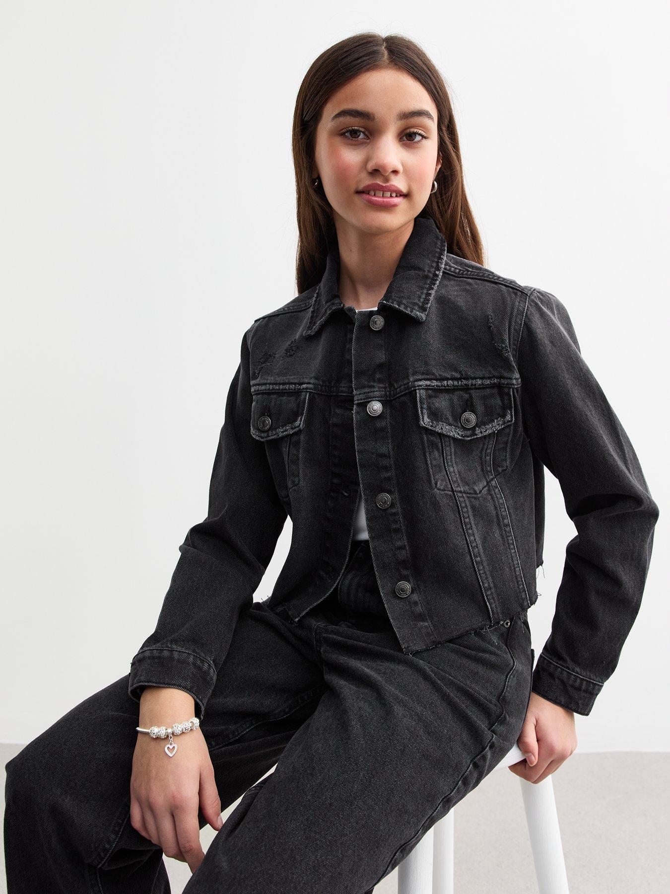 undefined Girls Black Cropped Distressed Denim Jacket