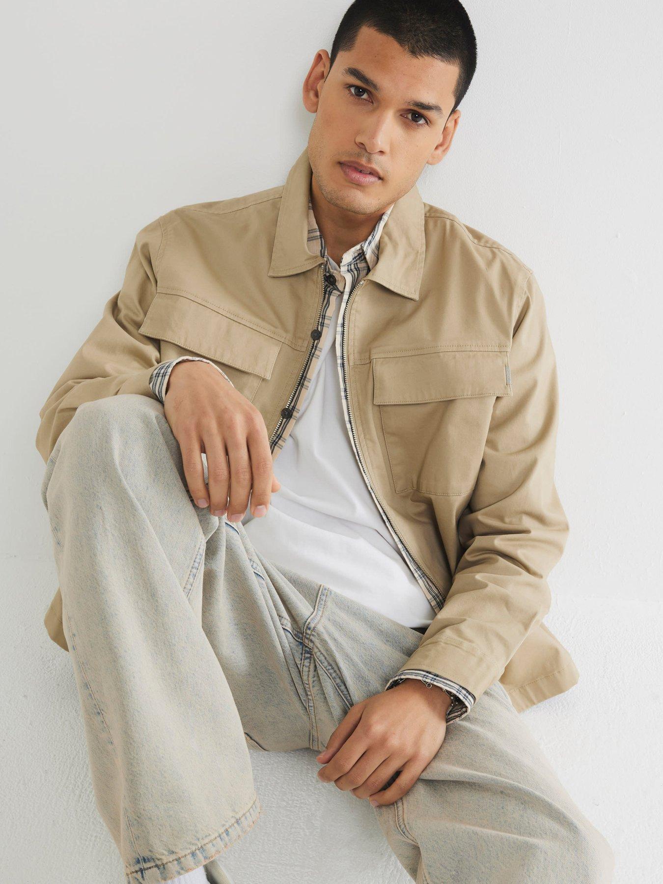 River Island Long Sleeve Clean Zipper Shirt - Beige