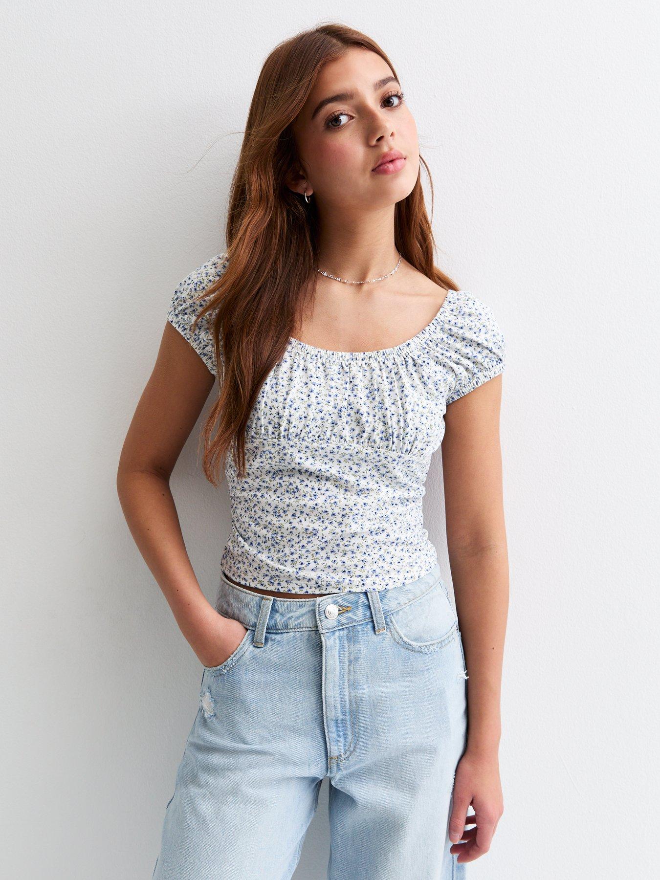 undefined Girls Floral Print Cropped Top - Blue