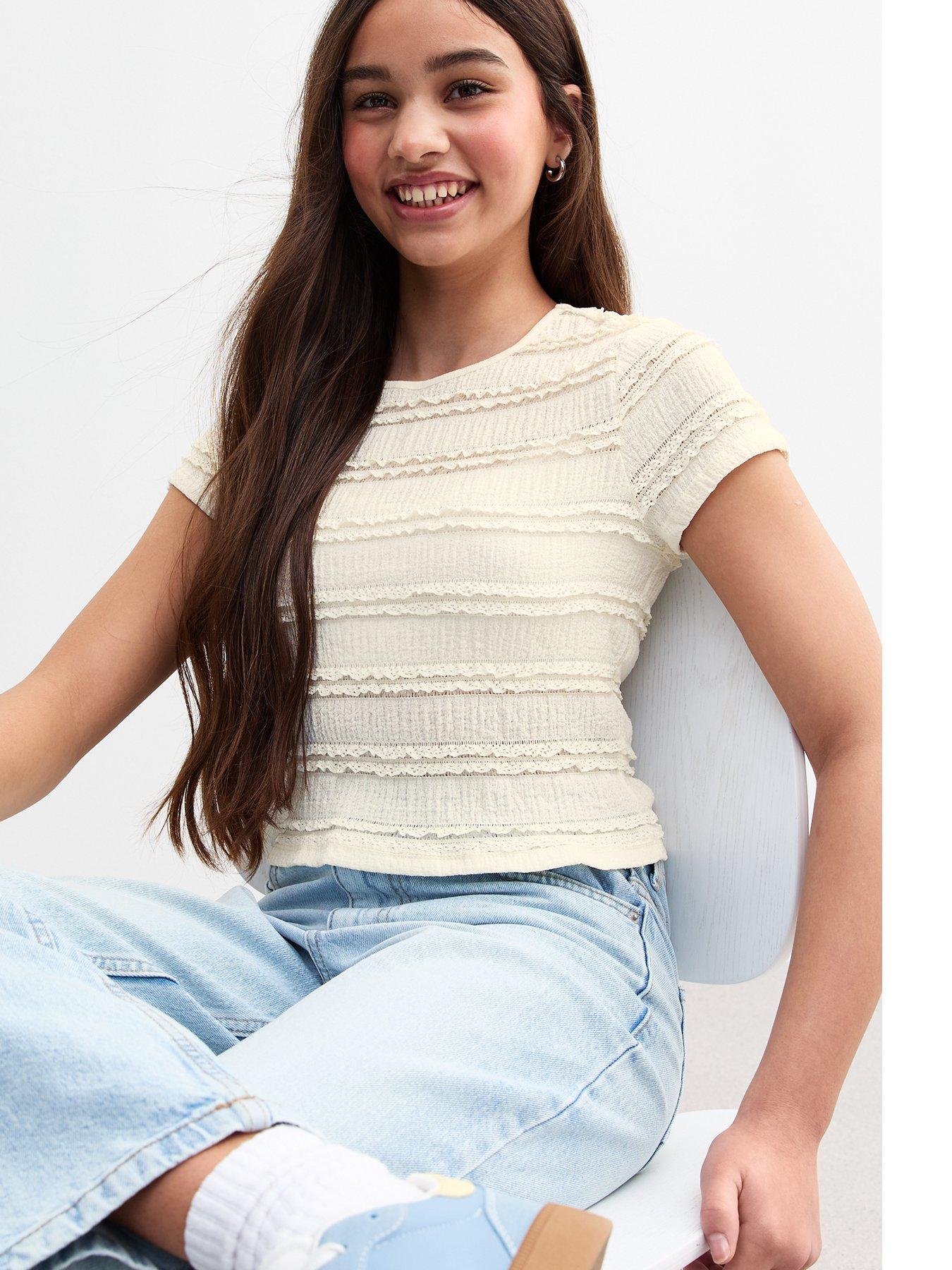 undefined Girls Off White Ruffle Lace T-Shirt - Cream