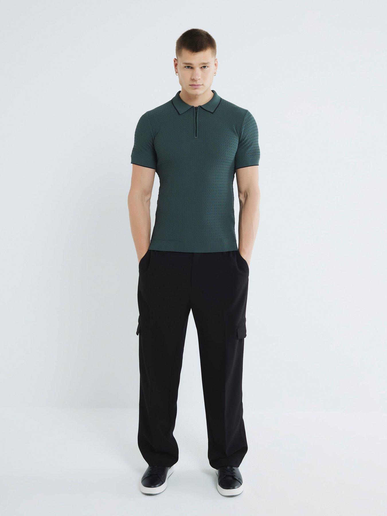 undefined Muscle Fit Textured Knitted Tipped Polo Shirt - Dark Green