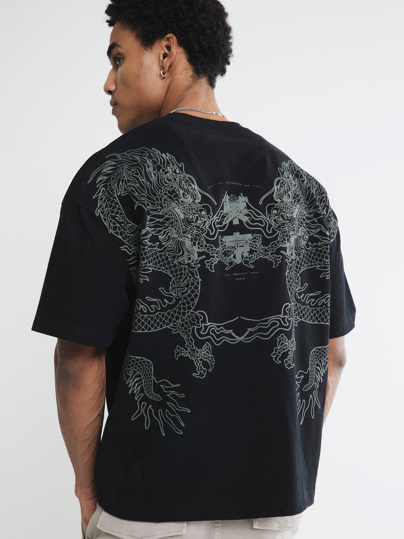 undefined Oversized Flock Dragon Graphic T-shirt - Black