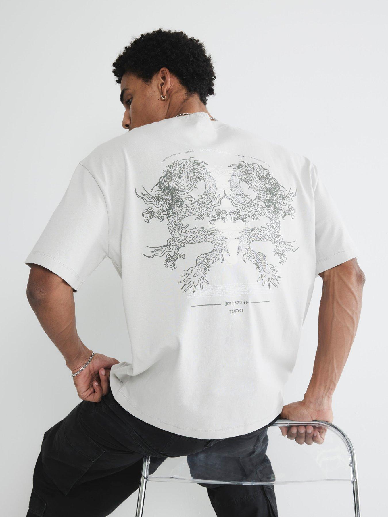 undefined Oversized High Build Dragon Back Graphic T-shirt - Grey