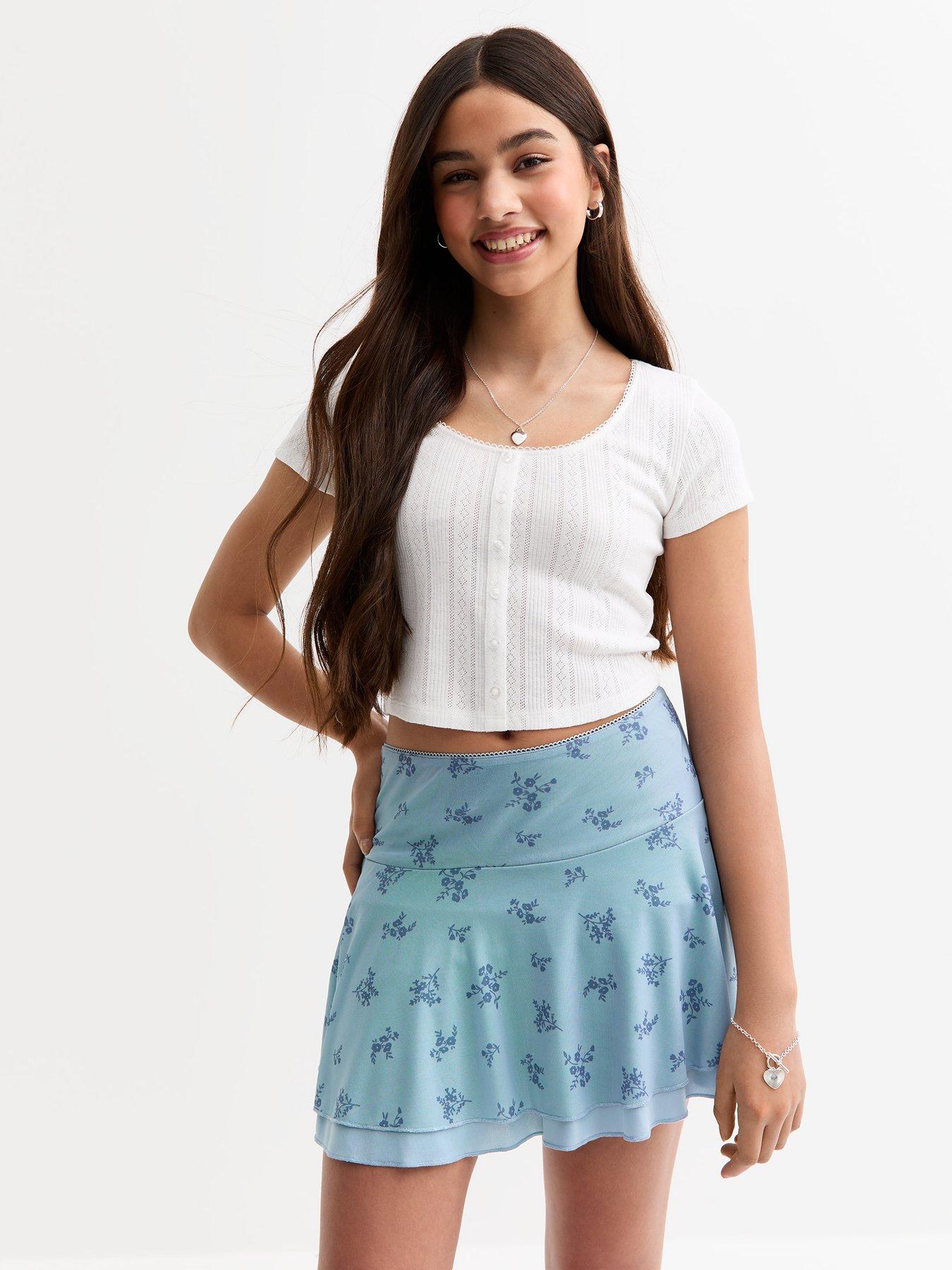 Image 1 of 4 of New Look 915 Girls Mesh Floral Print Two Tier Mini Skirt - Blue