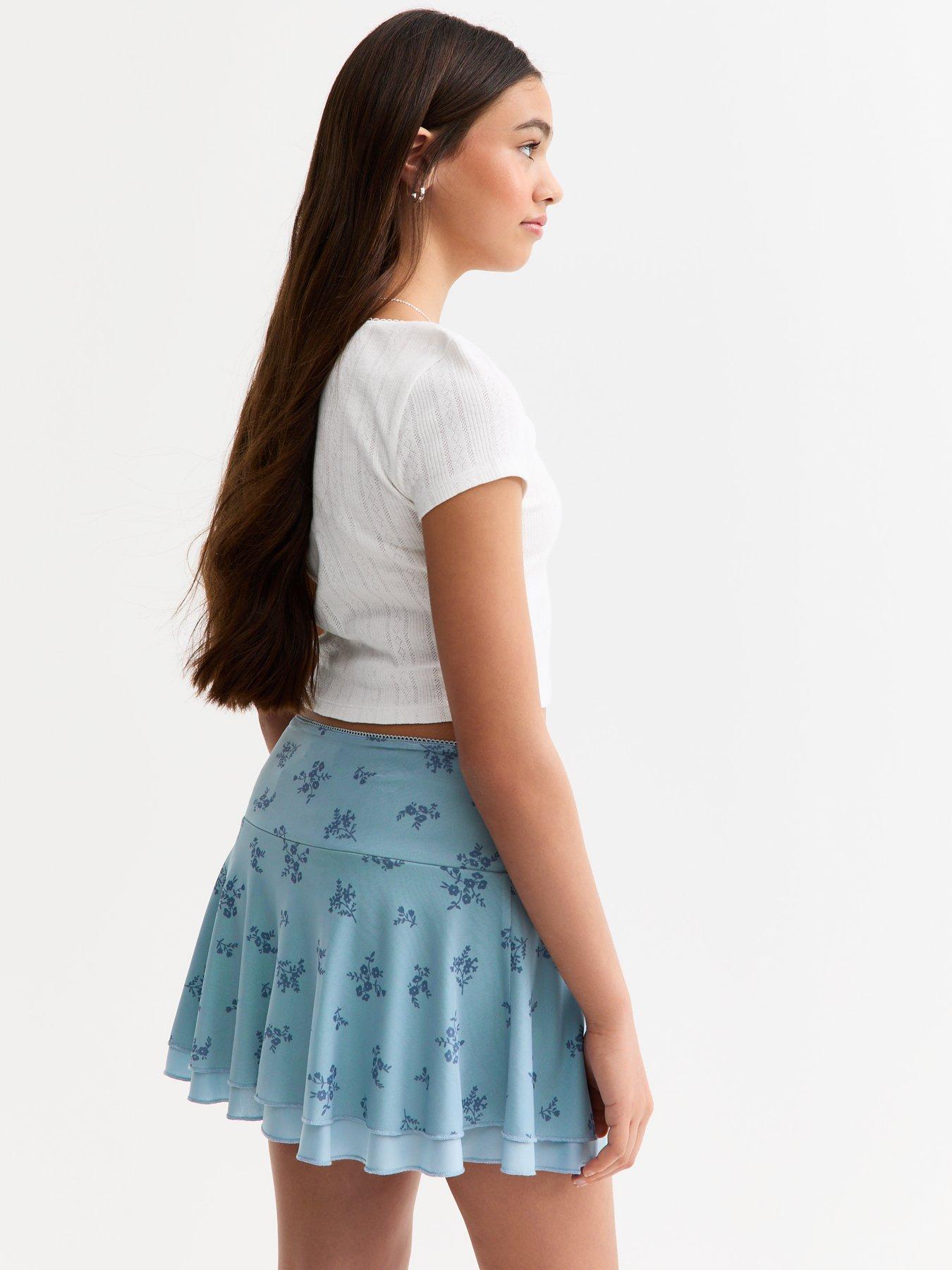 Image 2 of 4 of New Look 915 Girls Mesh Floral Print Two Tier Mini Skirt - Blue