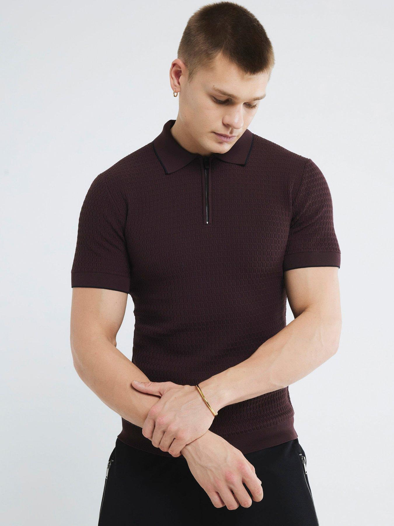undefined Short Sleeve Textured Knit Muscle Zip Polo Shirt - Red