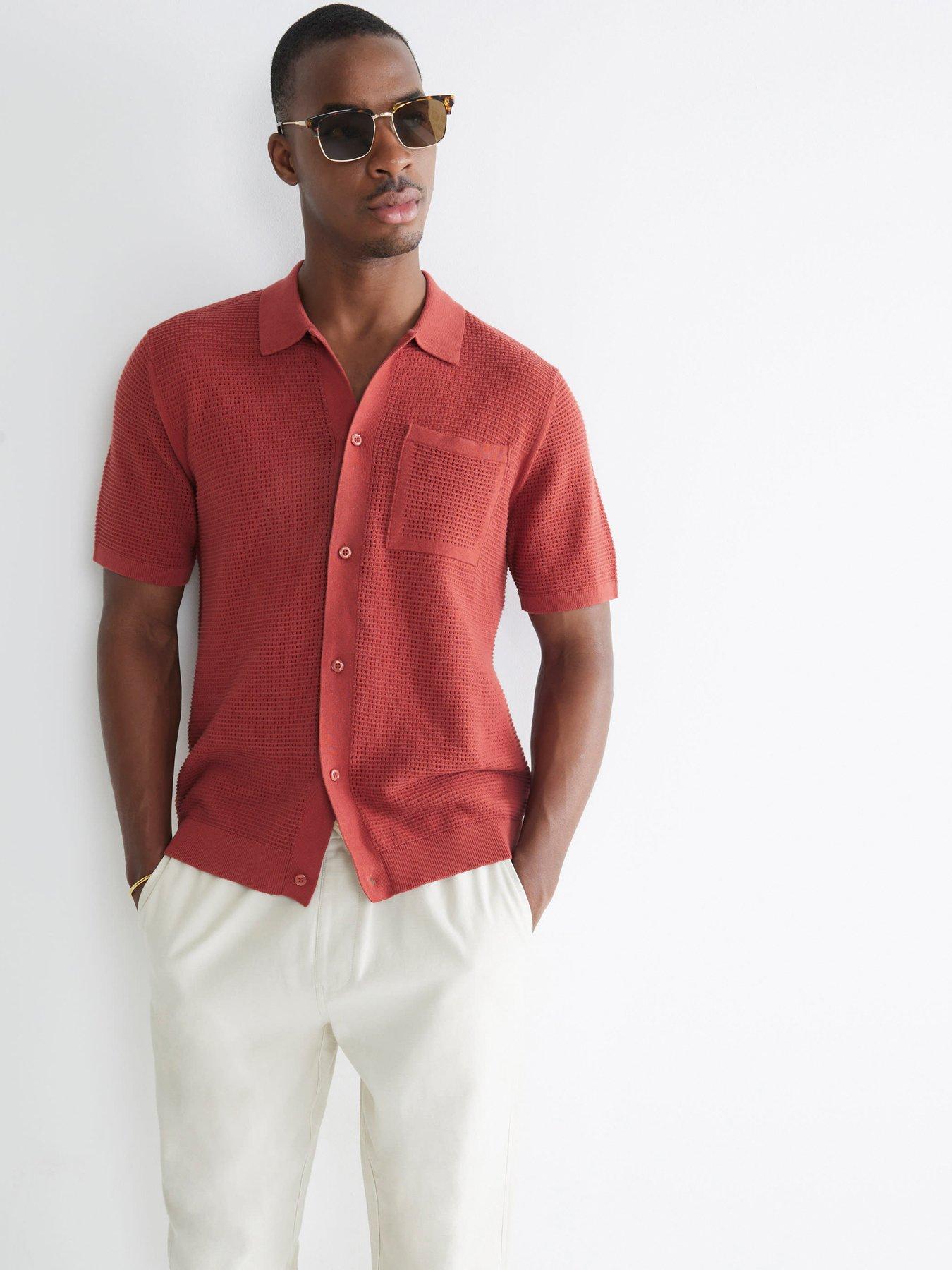 Image 1 of 4 of River Island Short Sleeve Pointelle Crochet Shirt - Red