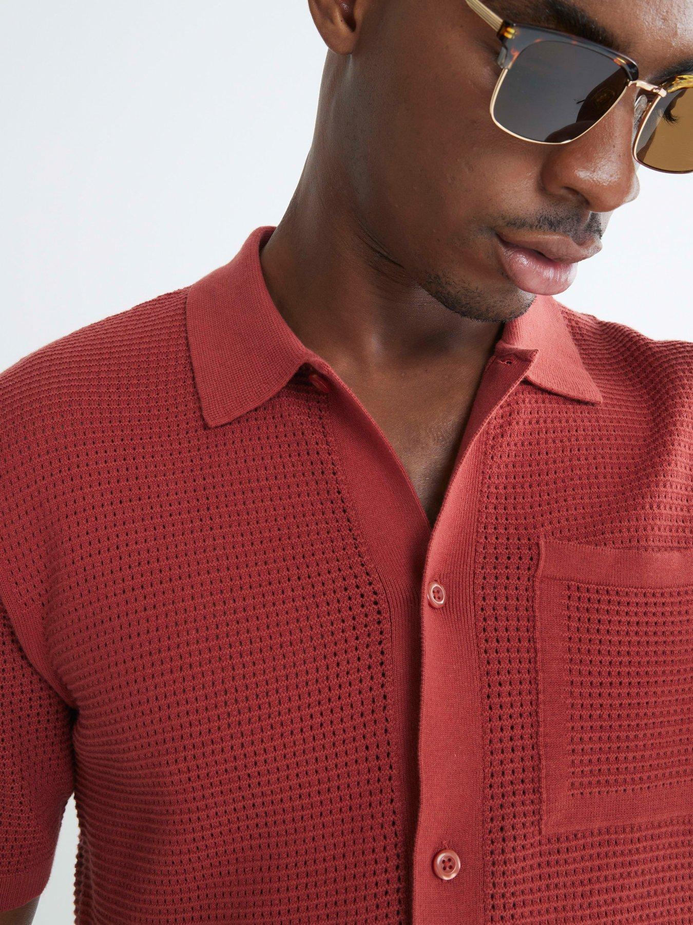 Image 2 of 4 of River Island Short Sleeve Pointelle Crochet Shirt - Red