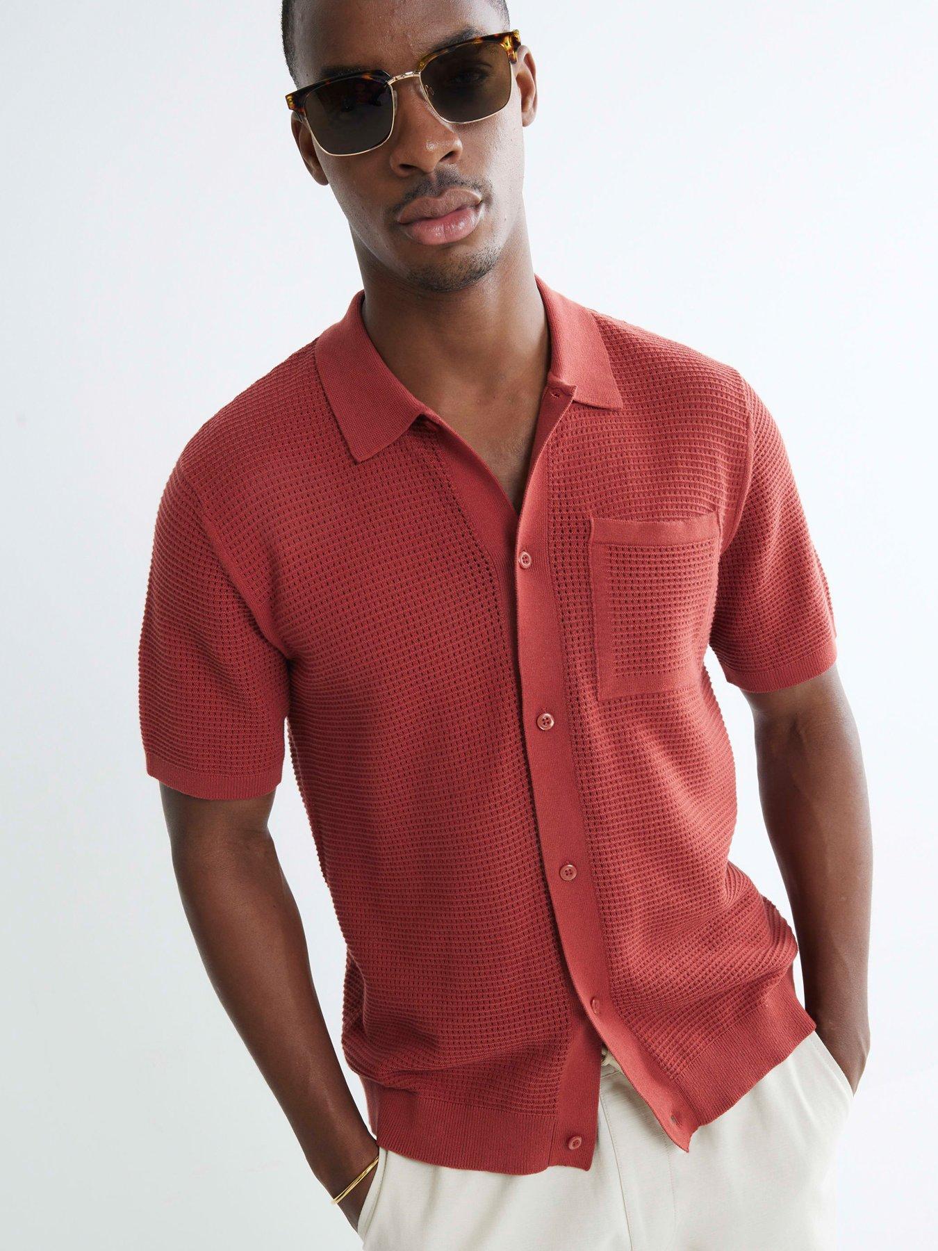 Image 4 of 4 of River Island Short Sleeve Pointelle Crochet Shirt - Red