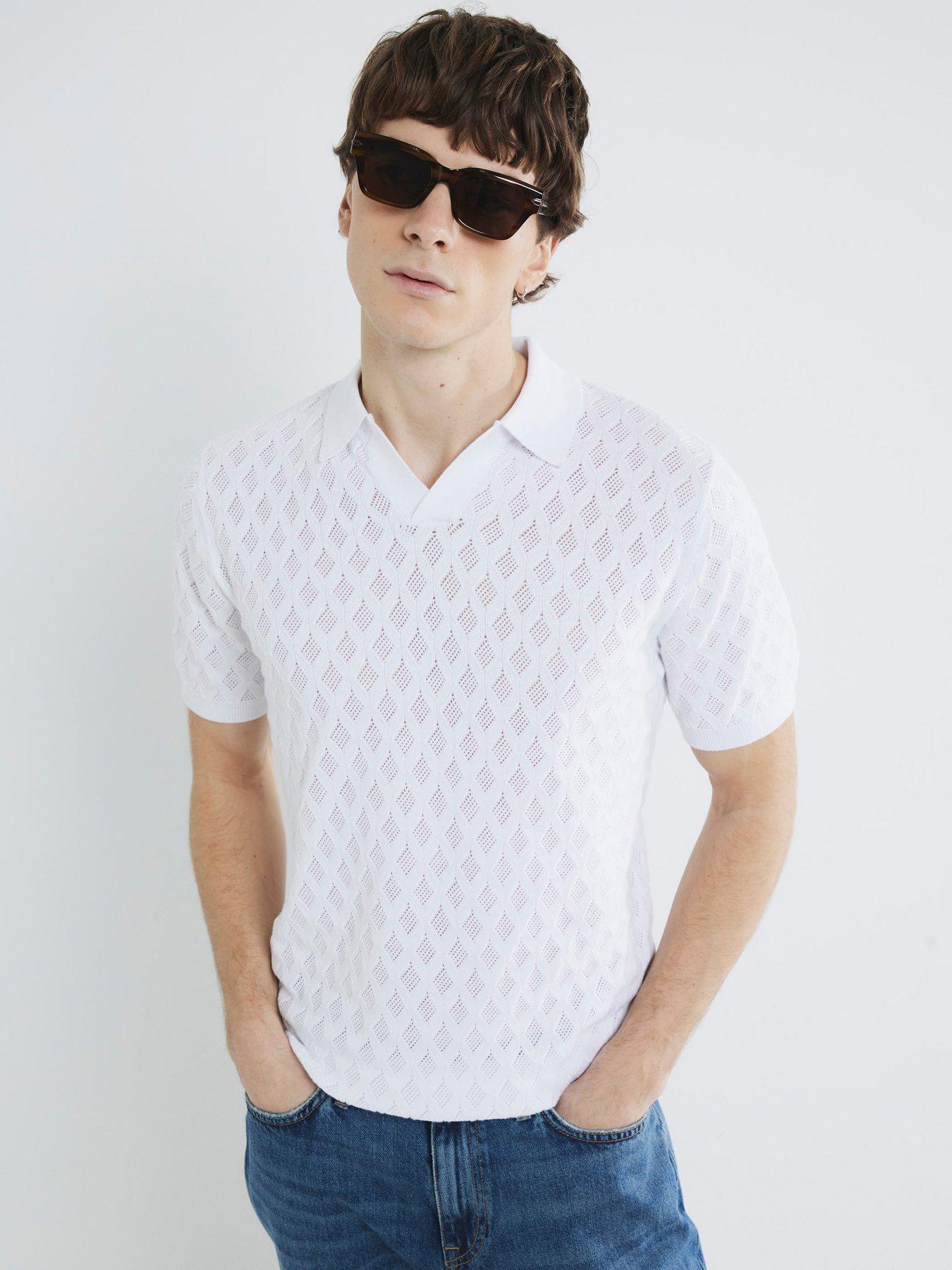 undefined Short Sleeve Textured Knit Open Collar Tee - White
