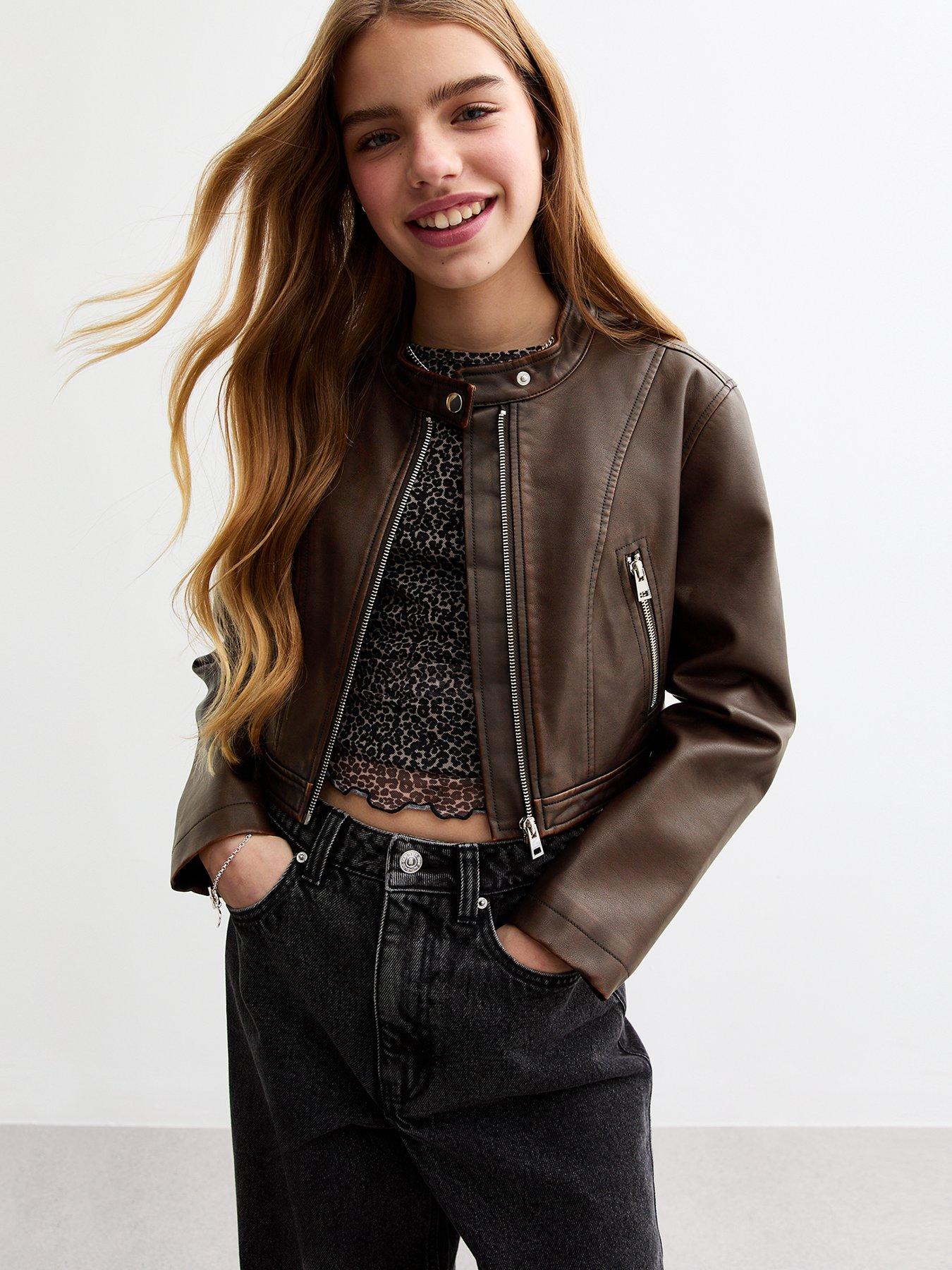 Image 1 of 4 of New Look 915 Girls Brown Faux Leather Biker Jacket