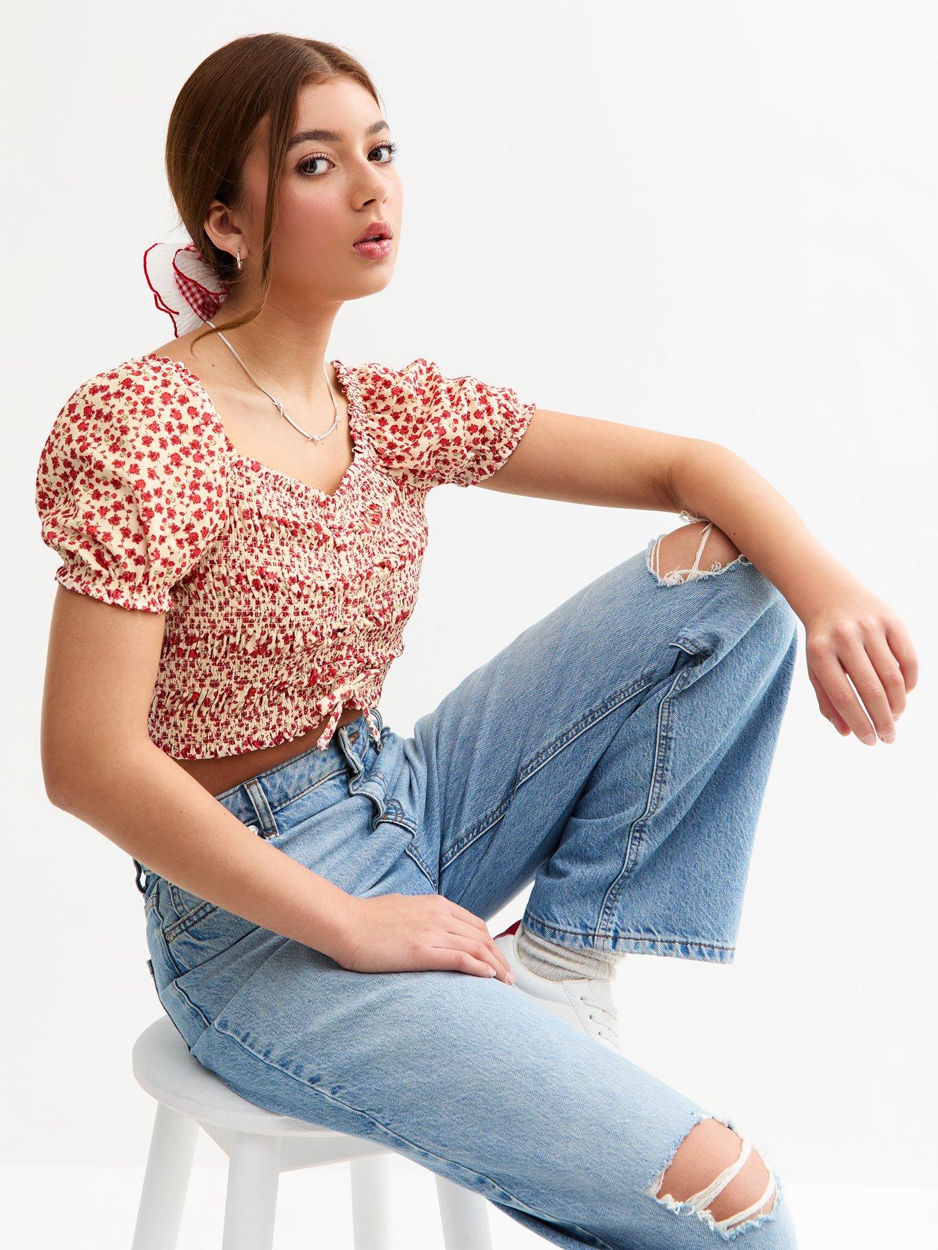 undefined Girls Ruched Front Floral Print Crop Top - Red