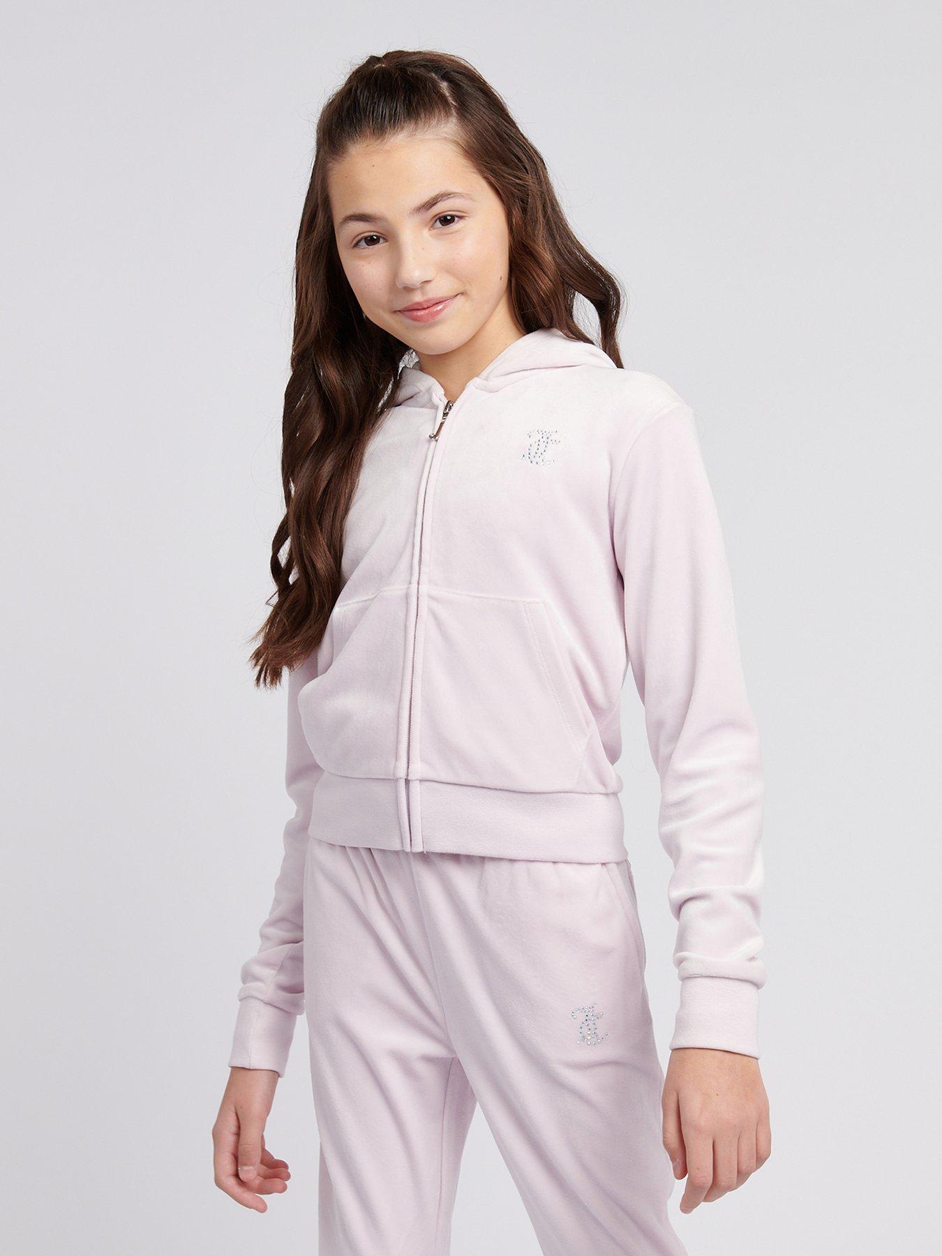 undefined Girls Diamante Velour Zip Through Hoodie - Light Pink