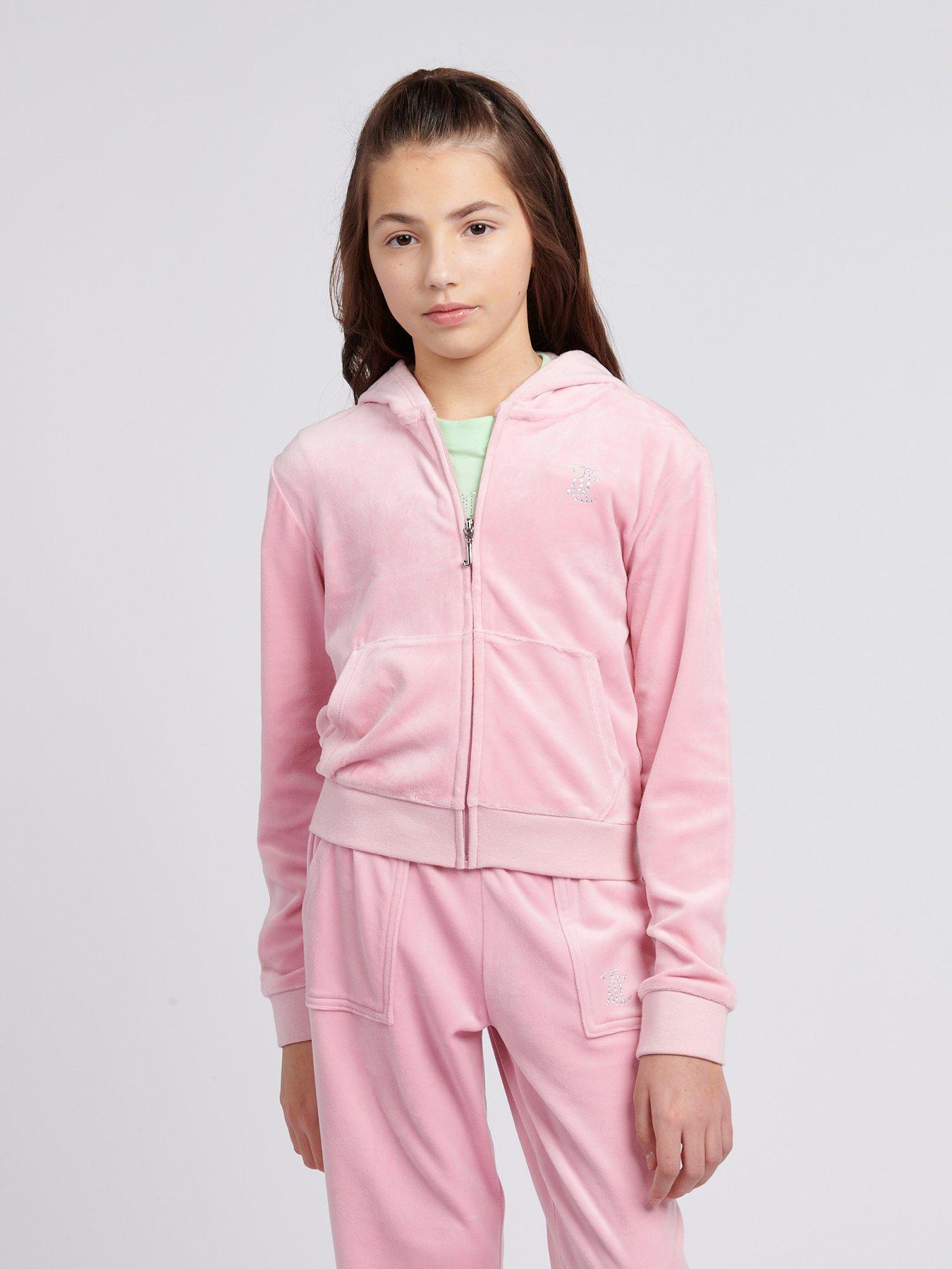 undefined Girls Mini Diamante Velour Zip Through Hoodie - Light Pink
