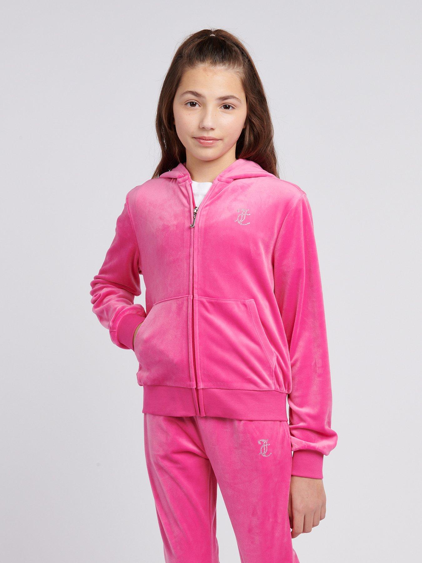 undefined Girls Diamante Velour Zip Through Hoodie - Dark Pink