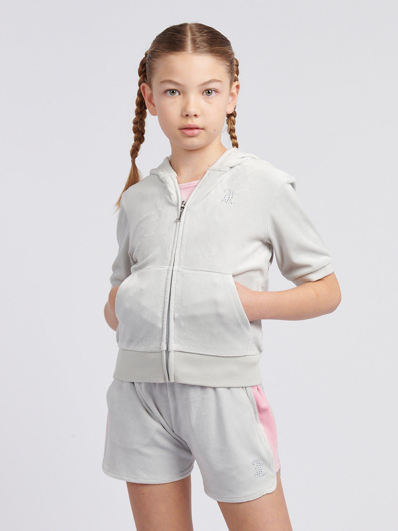 undefined Girls Diamante Zip Thru Short Sleeve Hoodie - Light Grey
