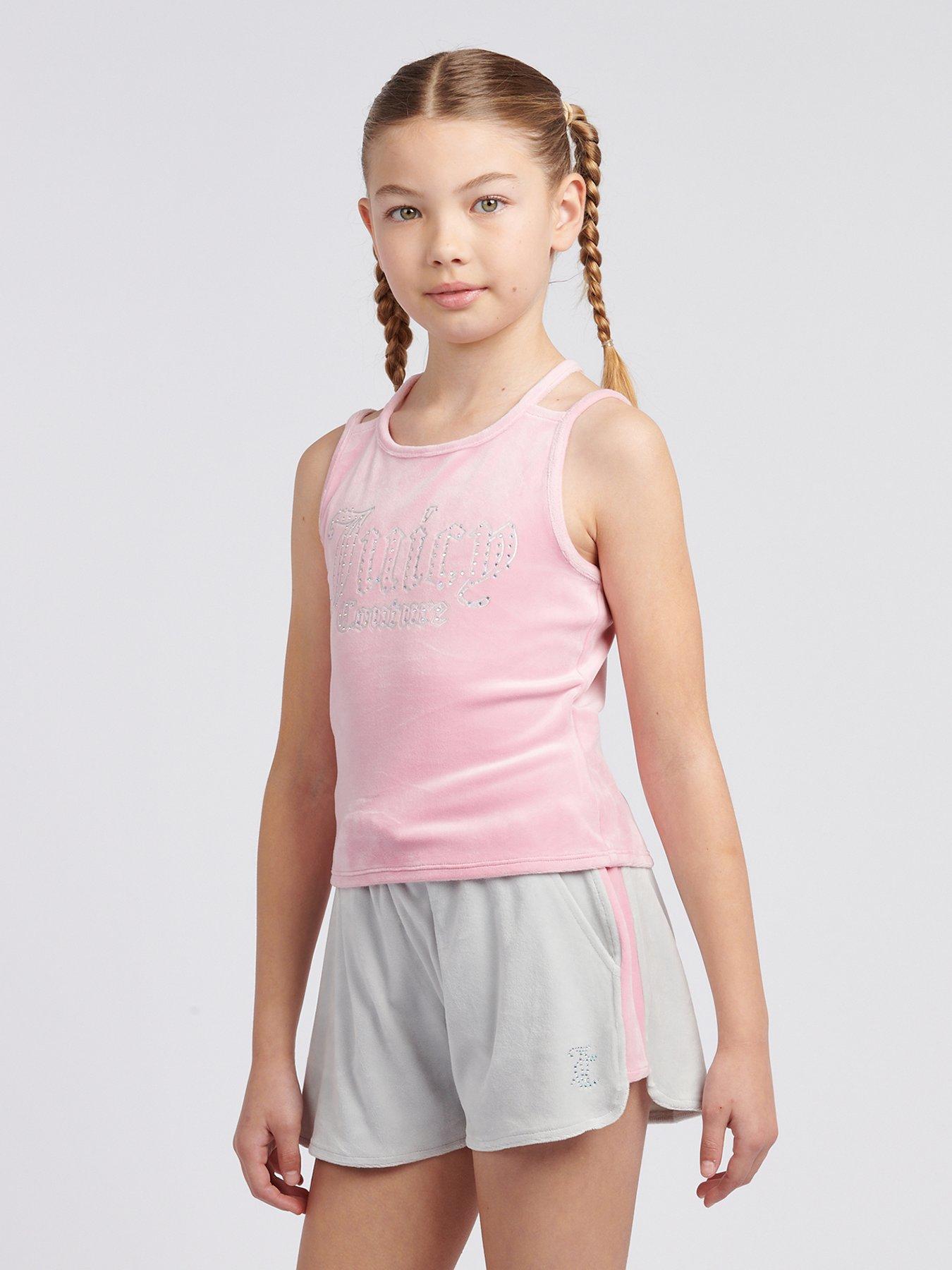 undefined Girls Velour Strappy Top & Runner Short Set - Light Grey