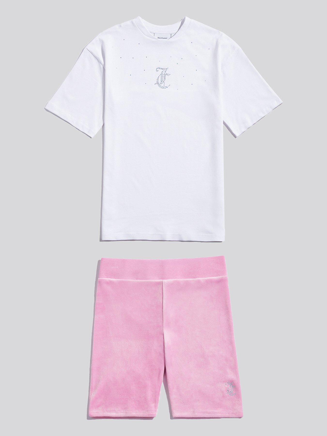 undefined Girls Loose T-Shirt  &  Velour Cycling Short Set - Pink