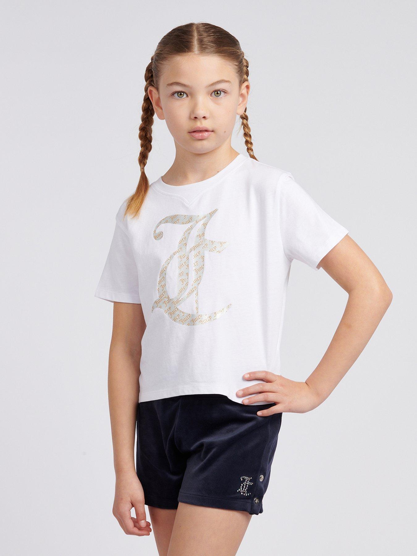 undefined Girls Boxy Double Neck Tee & Velour Popper Short Set - Navy