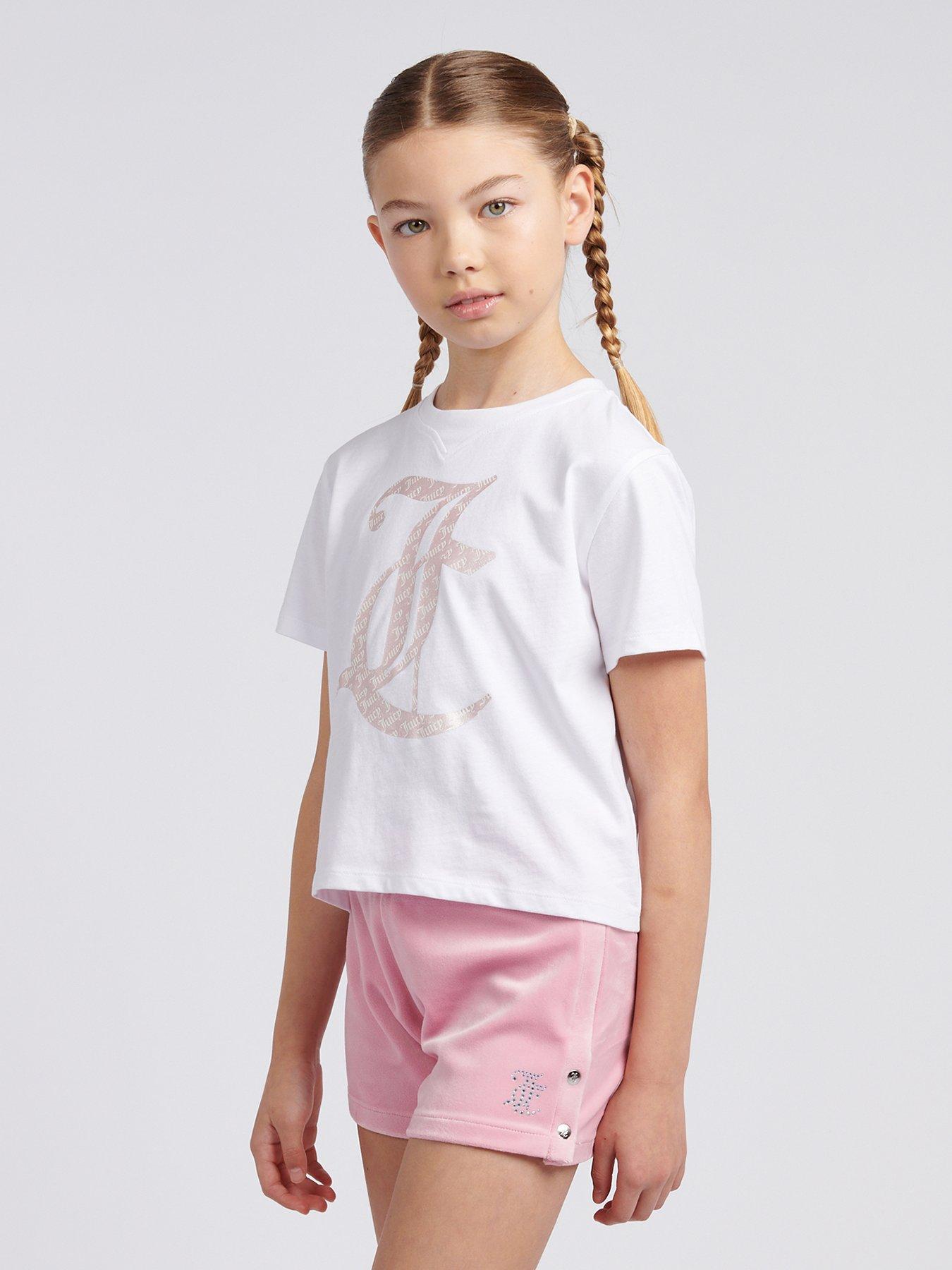 undefined Girls Boxy Double Neck Tee & Velour Popper Short Set - Light Pink