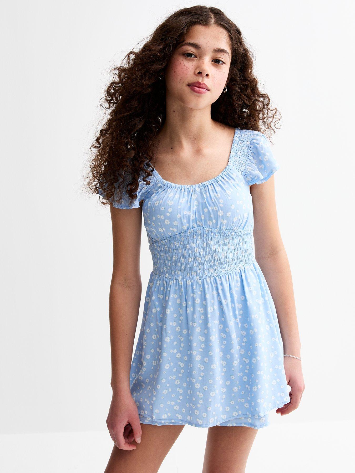 undefined Girls Floral Print Frill Sleeve Skort Mini Dress - Blue