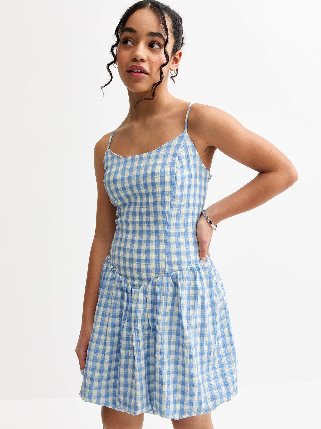 New Look 915 Girls Blue Gingham Check Bubble Hem Dress Blue