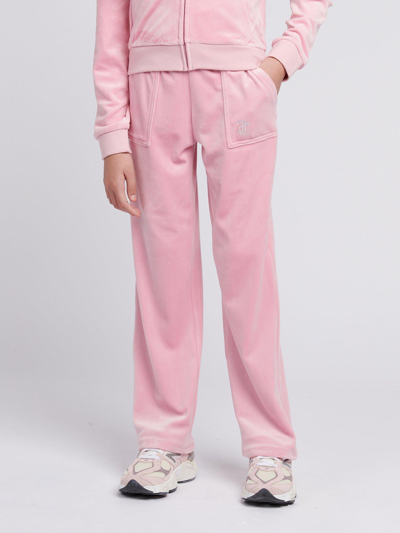 Image 1 of 4 of Juicy Couture Girls Mini Diamante Velour Wide Leg Jogger - Light Pink