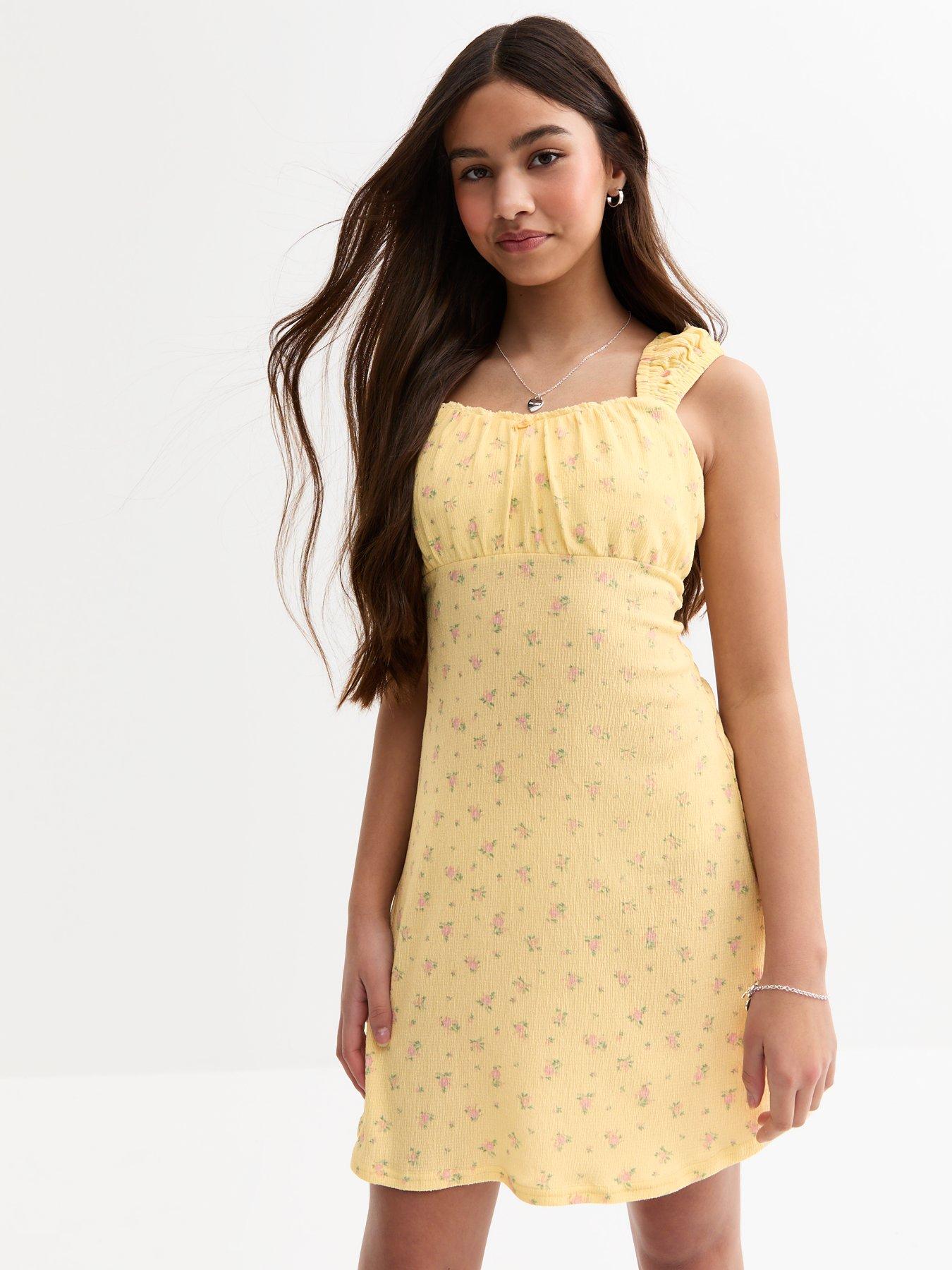 undefined Girls Textured Rose Mini Dress - Yellow