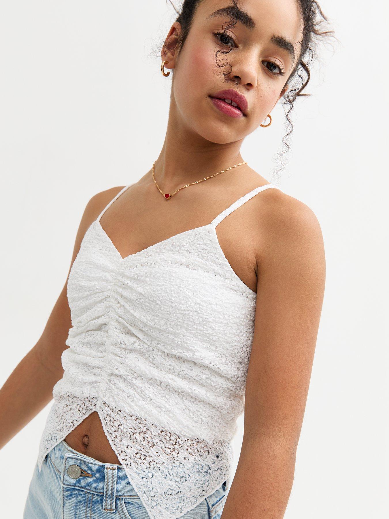 Image 1 of 4 of New Look 915 Girls White Lace Butterfly Hem Cami Top