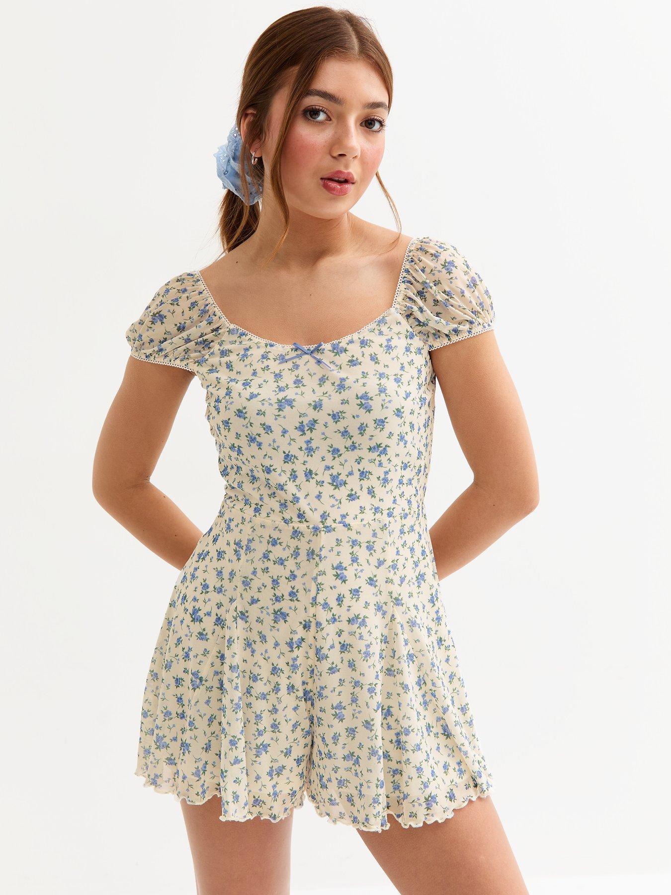 undefined Girls White Ditsy Print Godet Playsuit