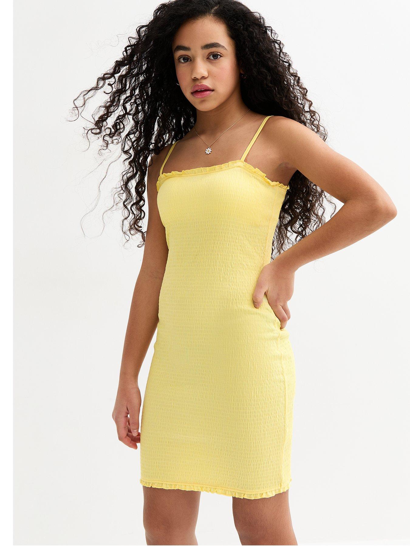 undefined Girls Frilly Trim Shirred Dress - Yellow