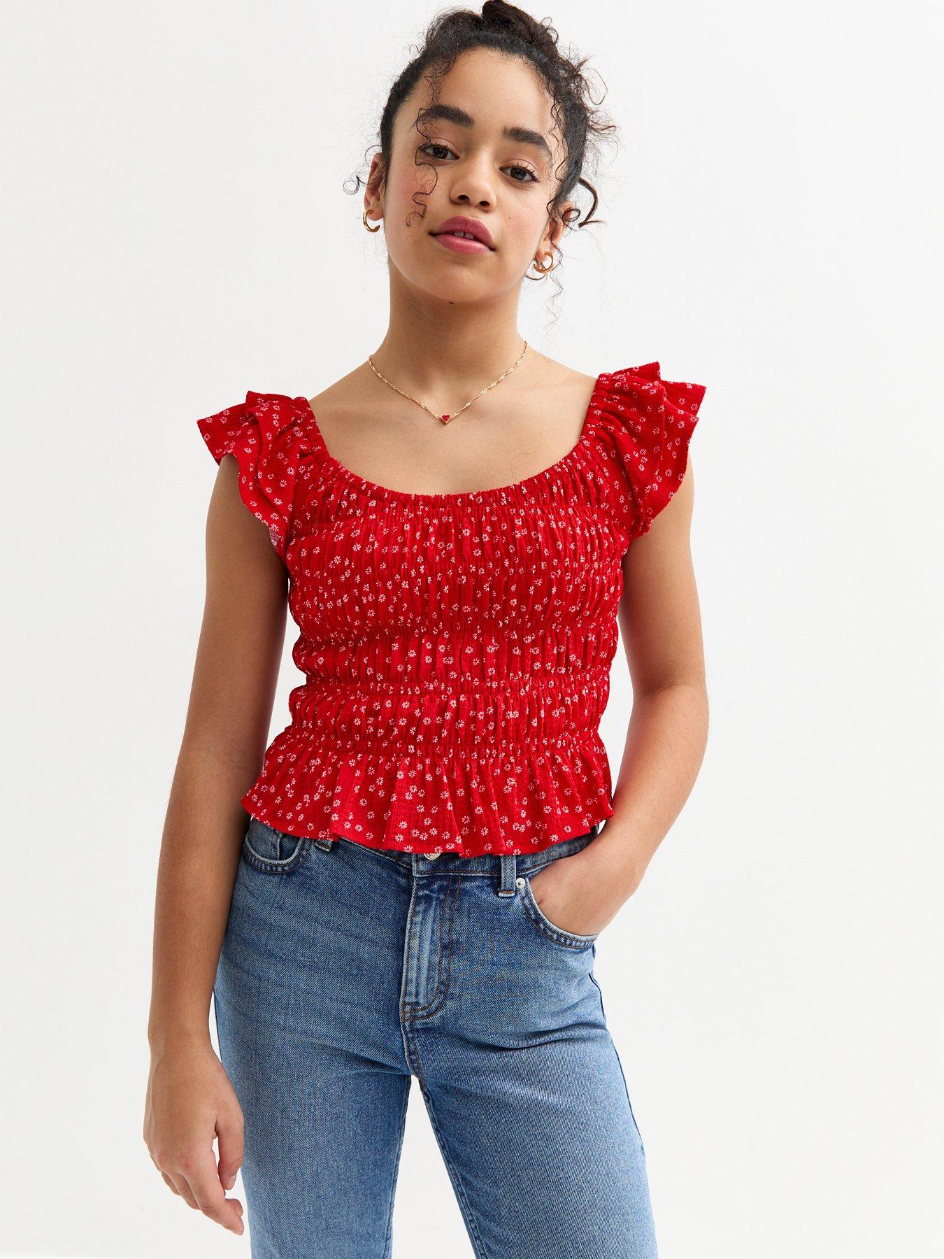 undefined Girls Floral Print Frilly Trim Shir Top - Red
