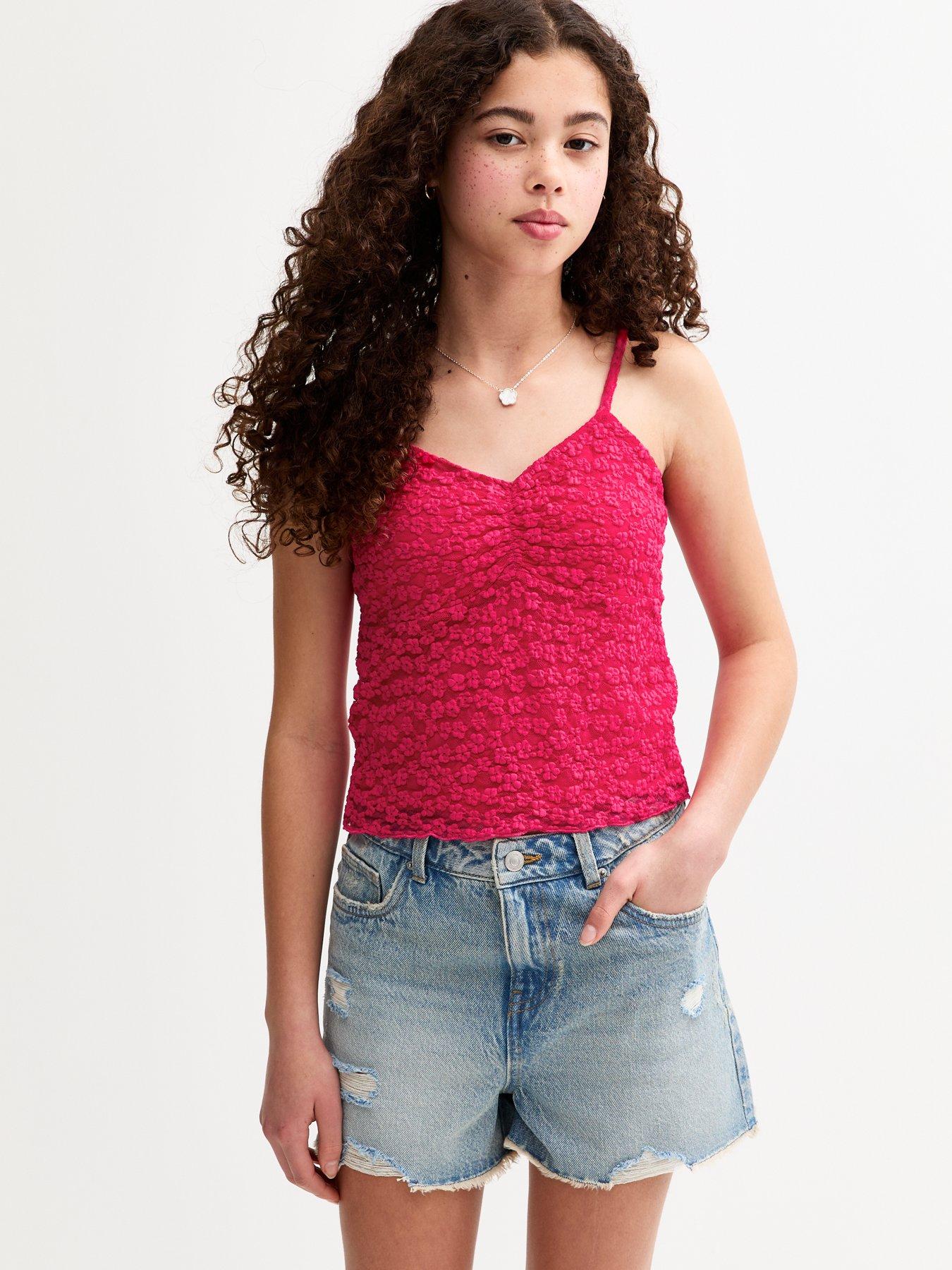 undefined Girls Floral Lace V-Neck Cami Top - Dark Pink