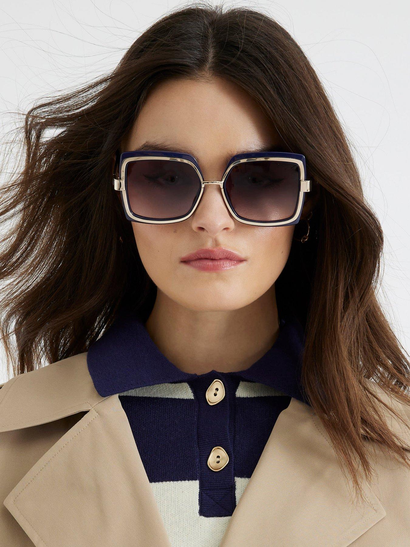 undefined Oversized Metal Glam Square Sunglasses - Navy