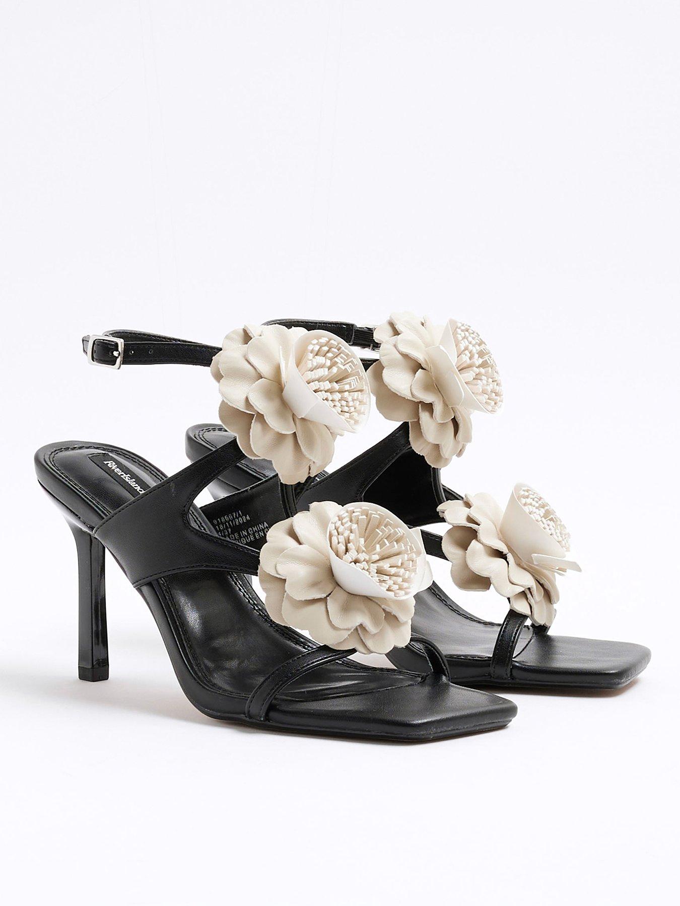 Image 4 of 5 of River Island Floral Trim Heeled Sandal - Black