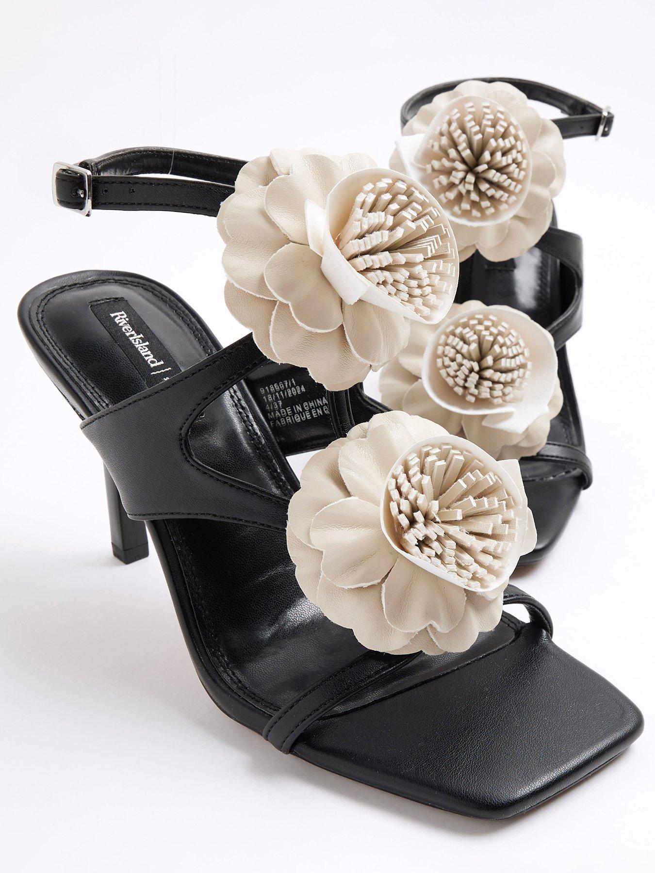 Image 5 of 5 of River Island Floral Trim Heeled Sandal - Black