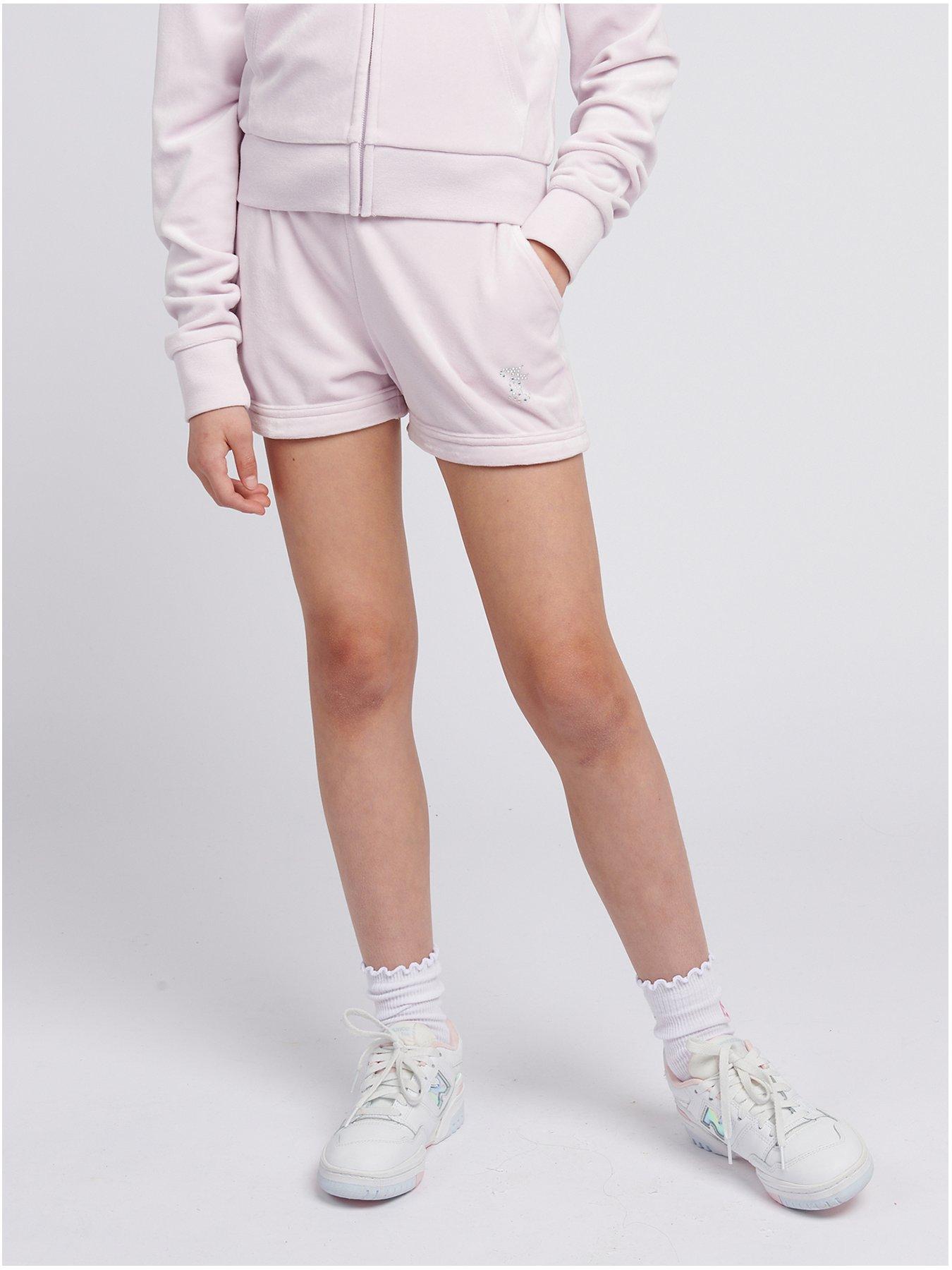 undefined Girls Diamante Velour Fold Up Short - Light Pink