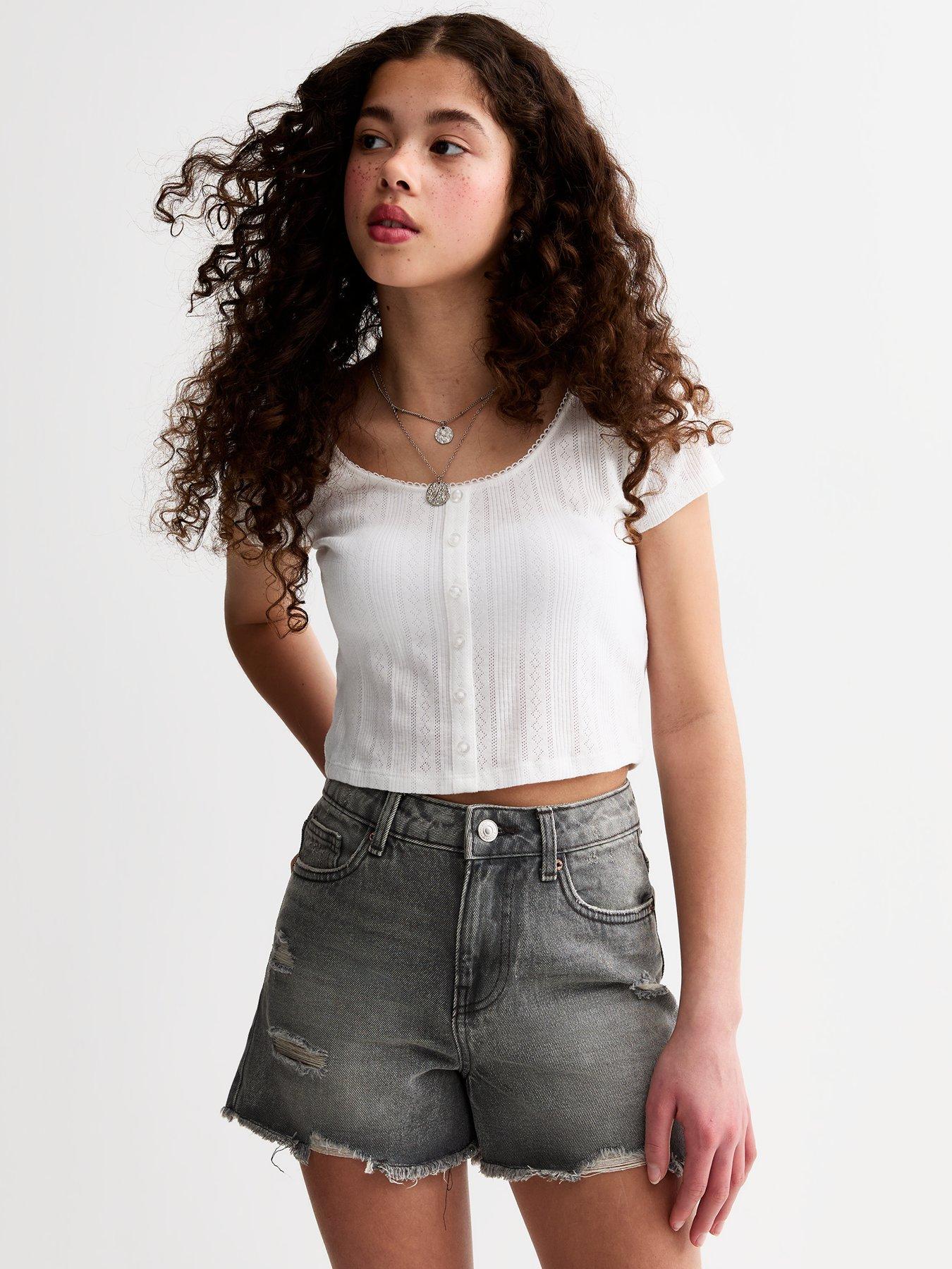 undefined Girls Mom Style Distressed Denim Shorts - Dark Grey