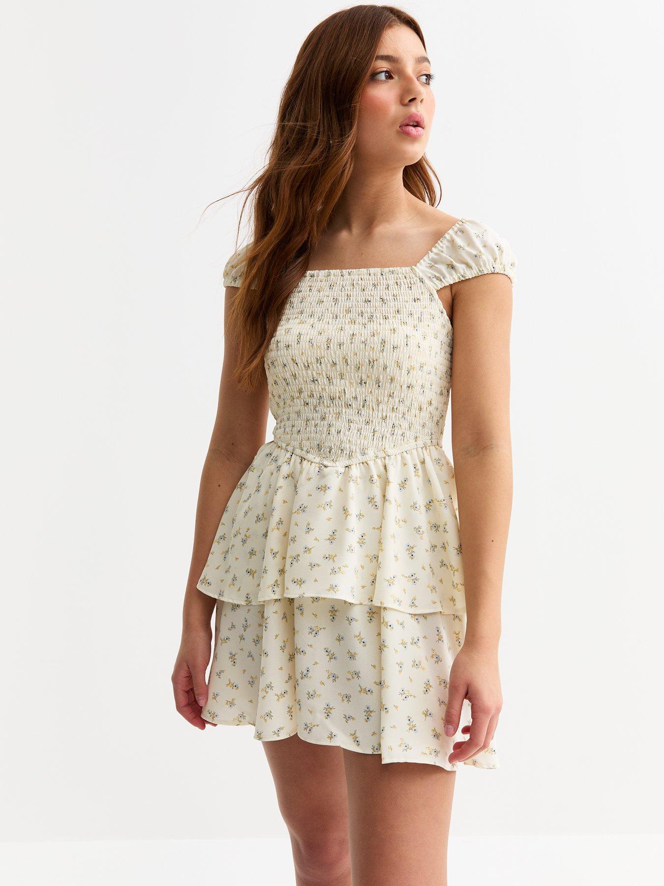 undefined Girls Floral Print Shirred Dress - White