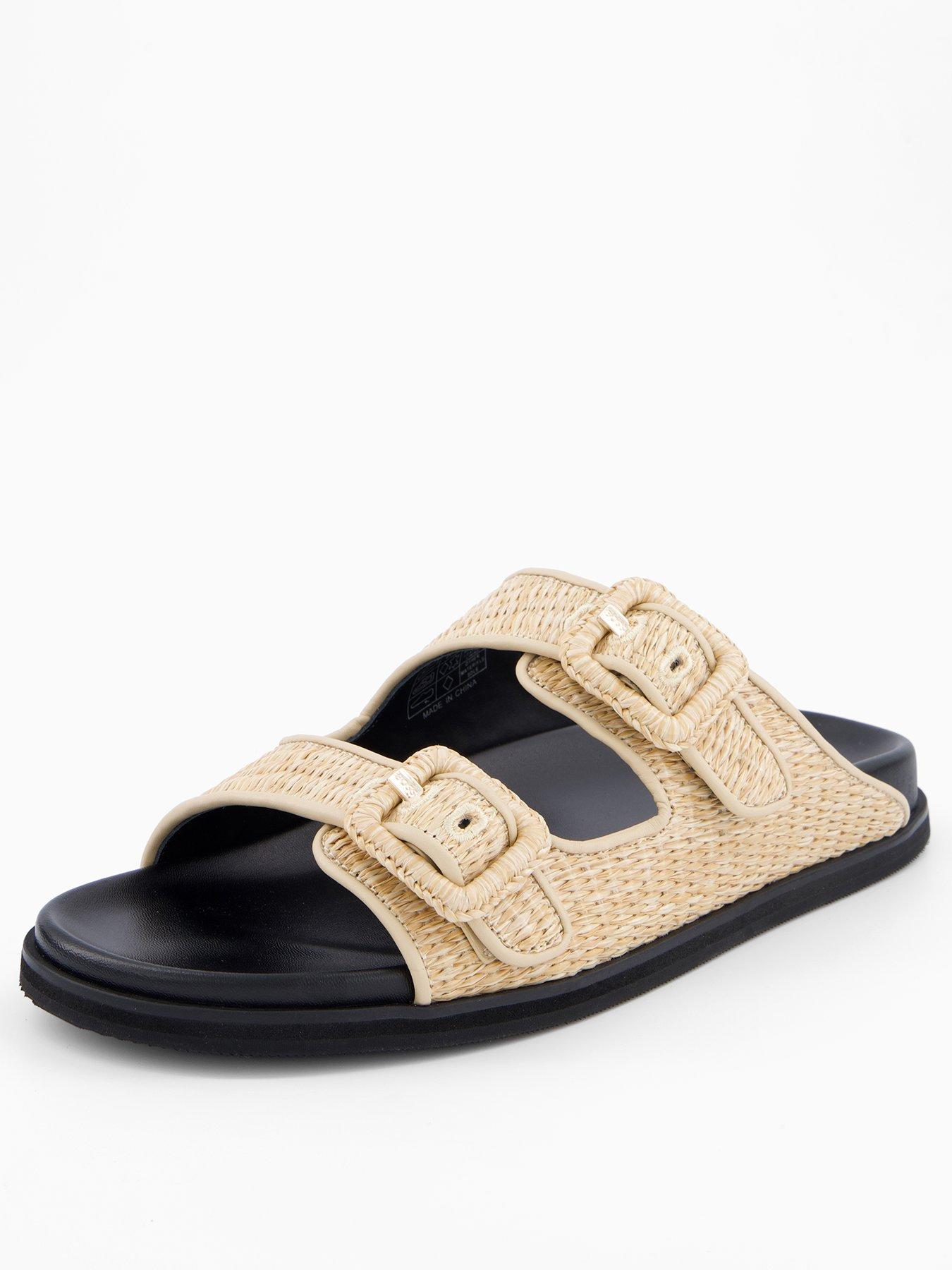 undefined Raffia Sliders With Buckled Straps - Light Beige