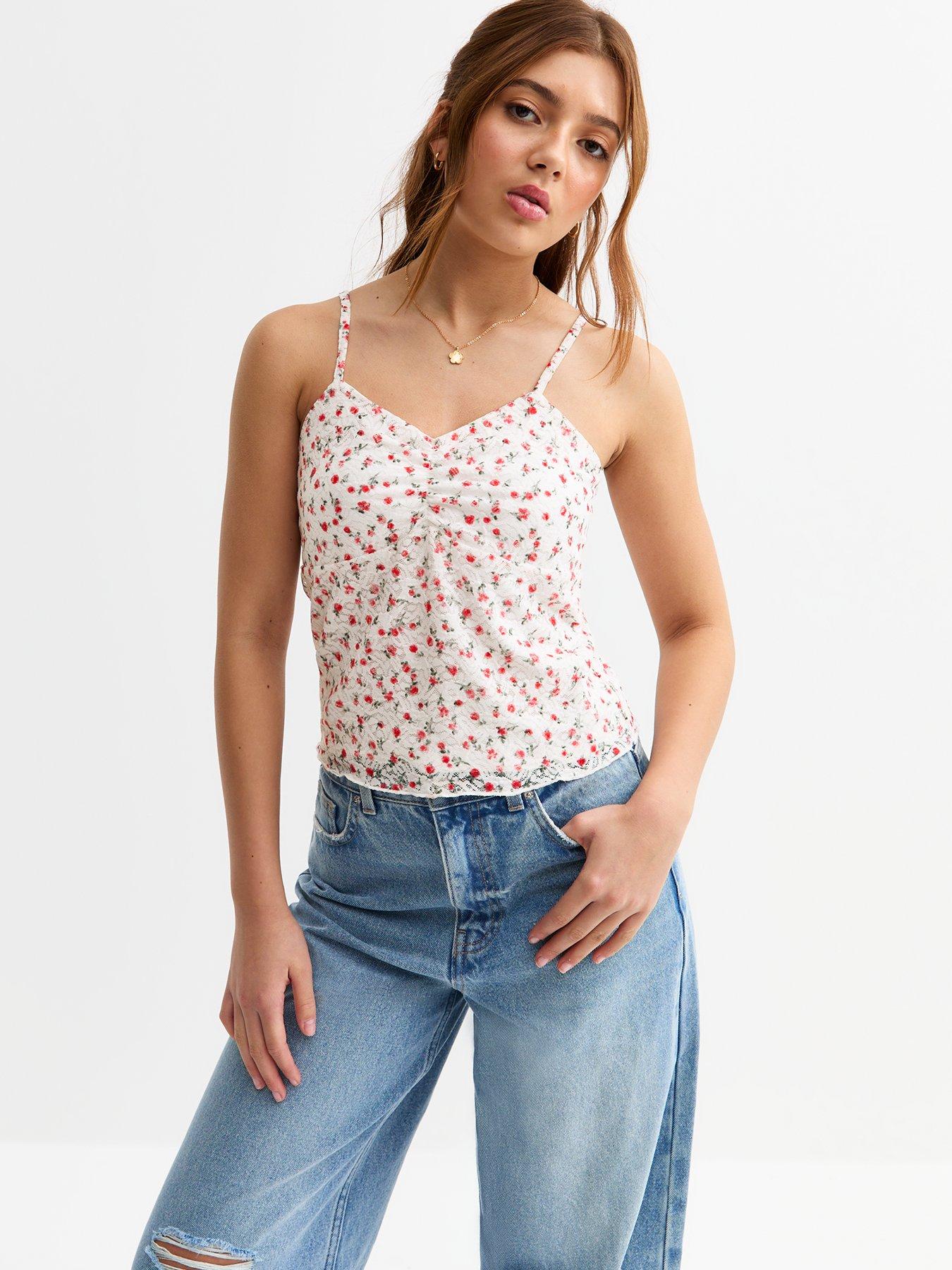 undefined Girls Floral Print Lace Cami Top - White