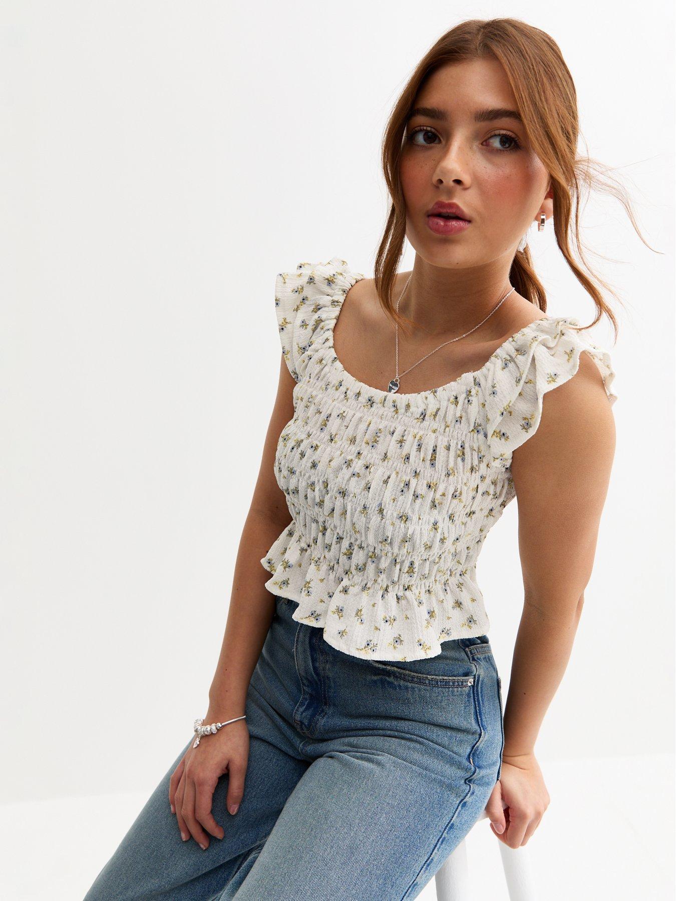 undefined Girls Floral Print Shirred Front Textured Top - White