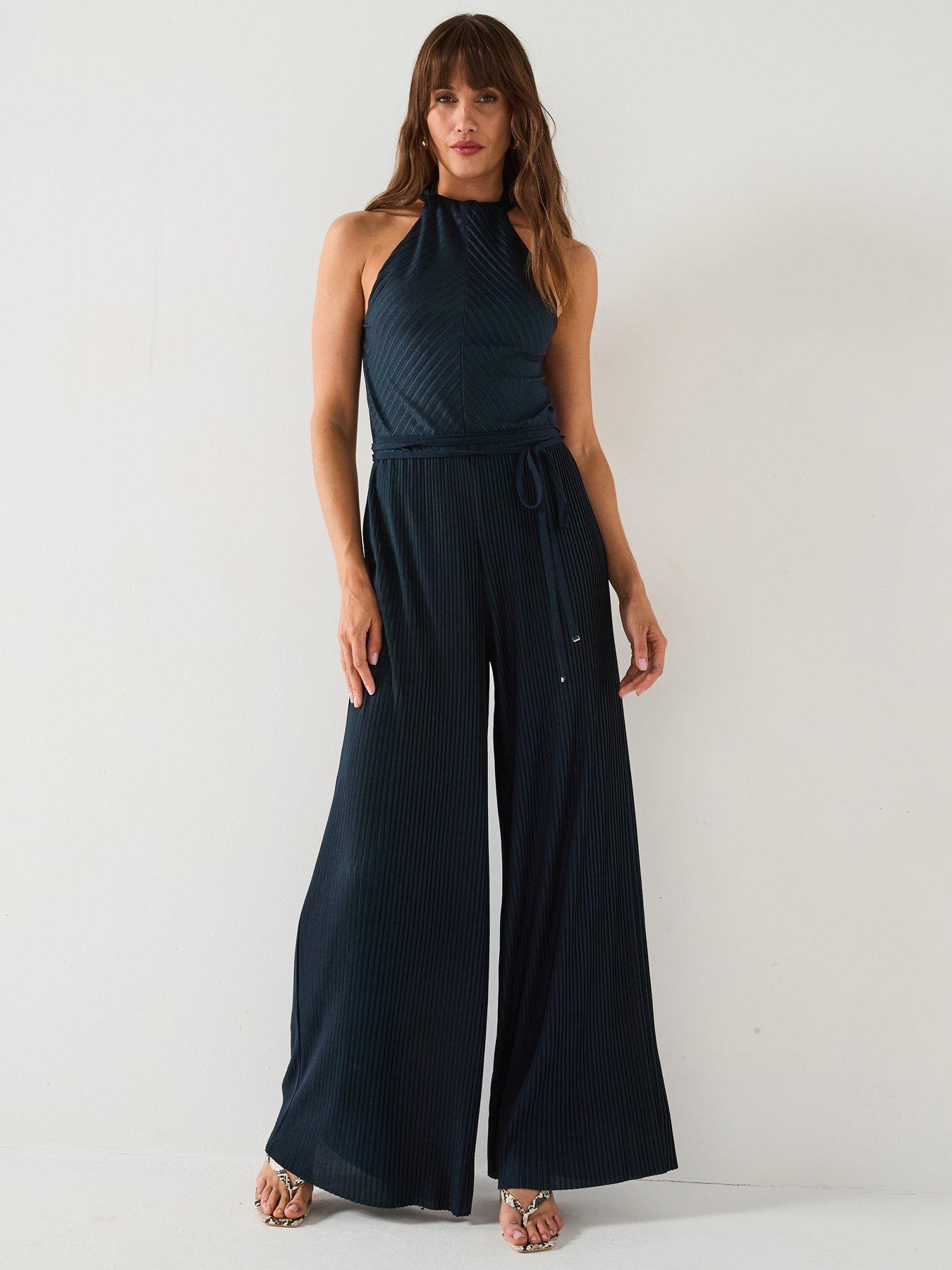 Belted Jumpsuit Navy Blue Halter Neck Jumpsuit BOSS Exuma Pleat