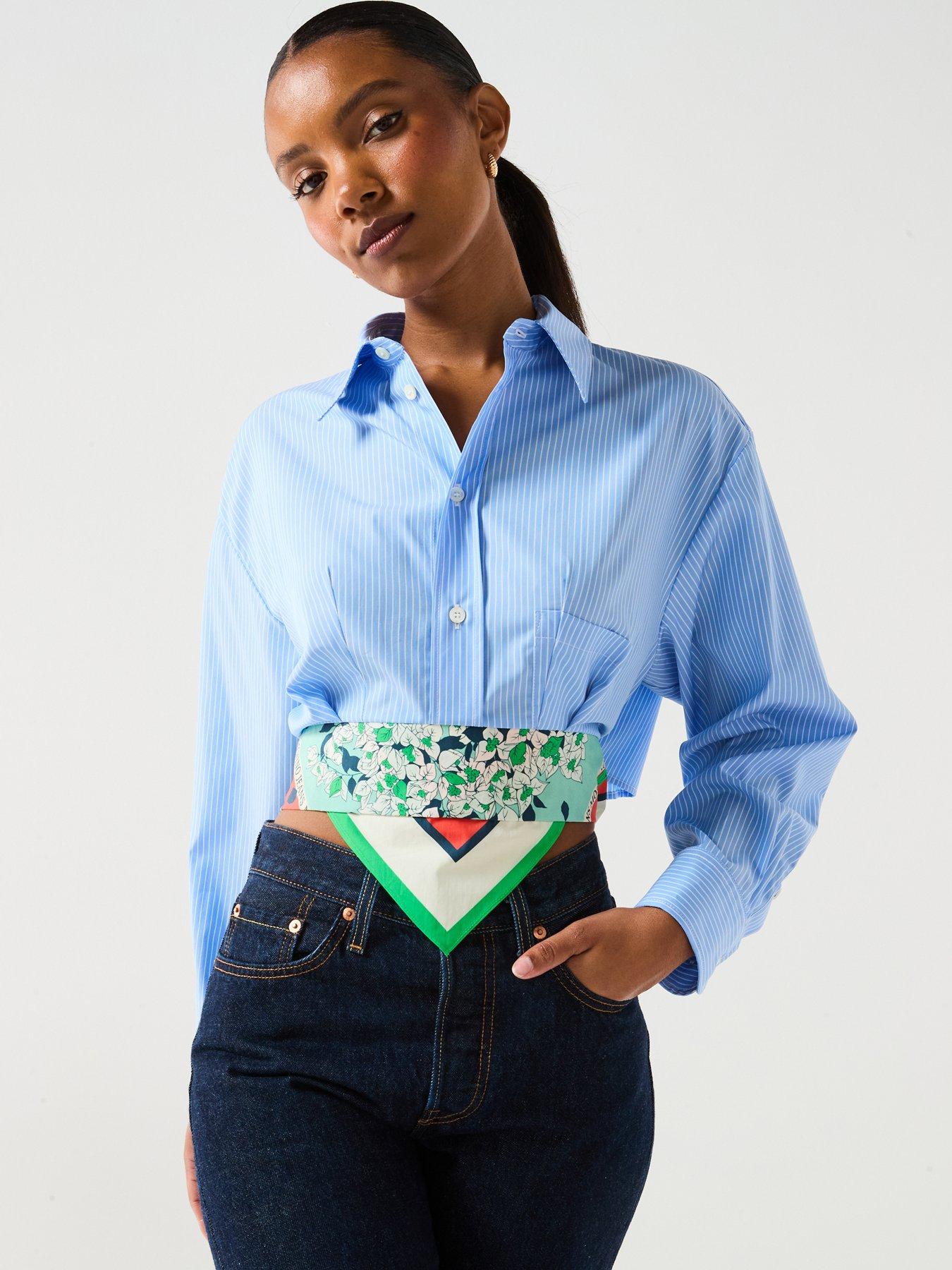 undefined Striped Cotton Cropped Shirt - Blue