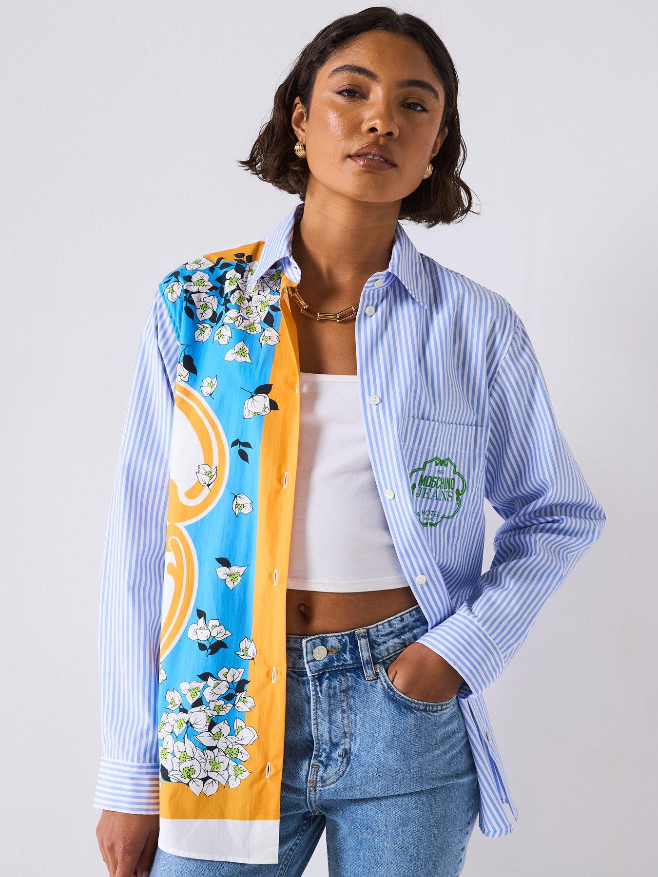 undefined Striped Cotton Long Sleeve Shirt - Blue