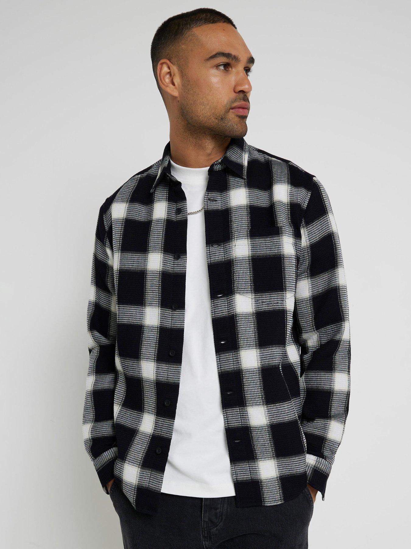 Image 1 of 4 of River Island Long Sleeve Micro Waffle Check Shirt - Black
